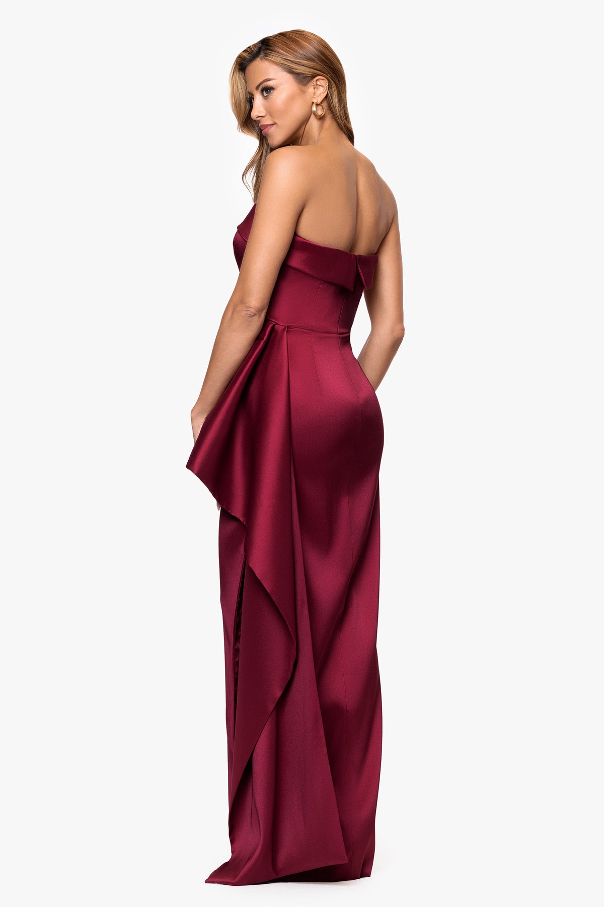 "Remi" Satin Strapless Side Ruffle Dress