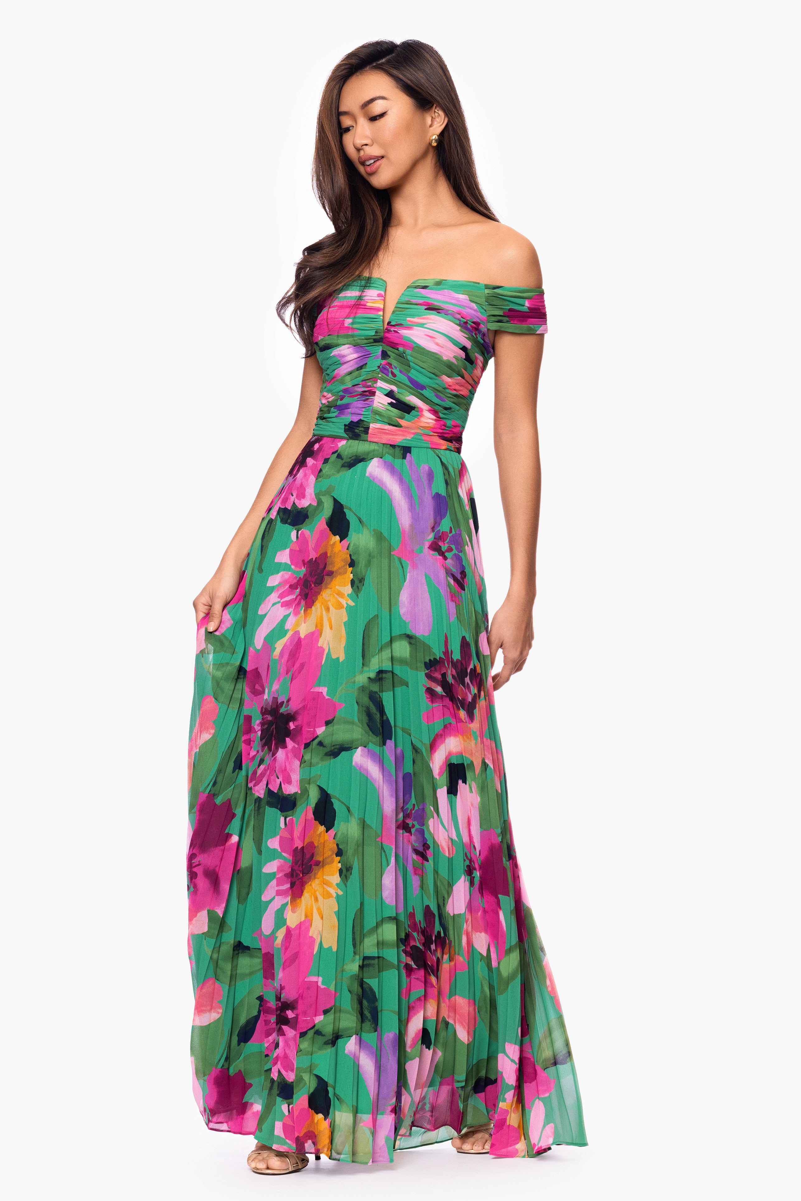 "Eileen" Chiffon Print Pleated Off The Shoulder Floor Length Dress