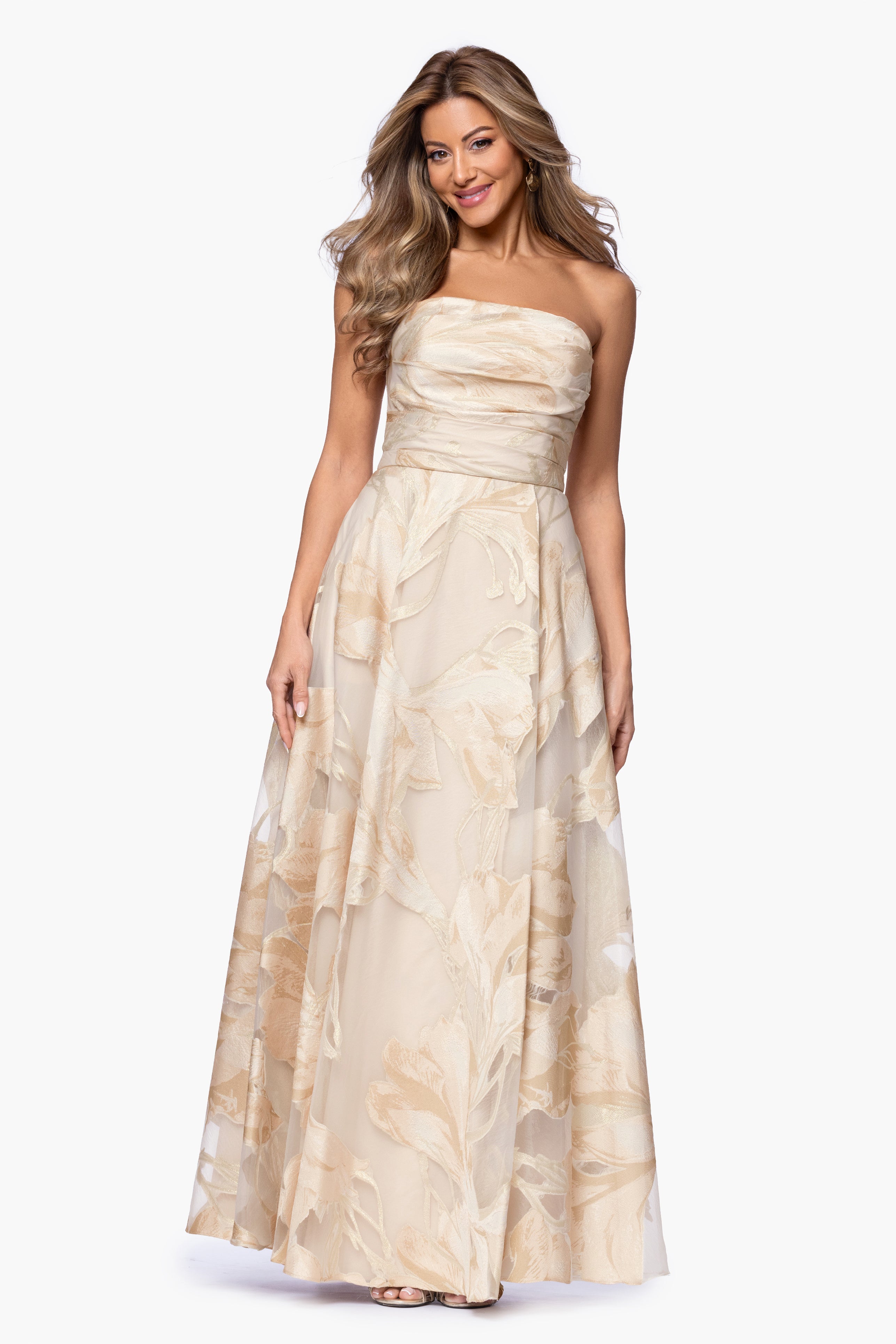 "Shania" Jacquard Strapless Floor Length Dress