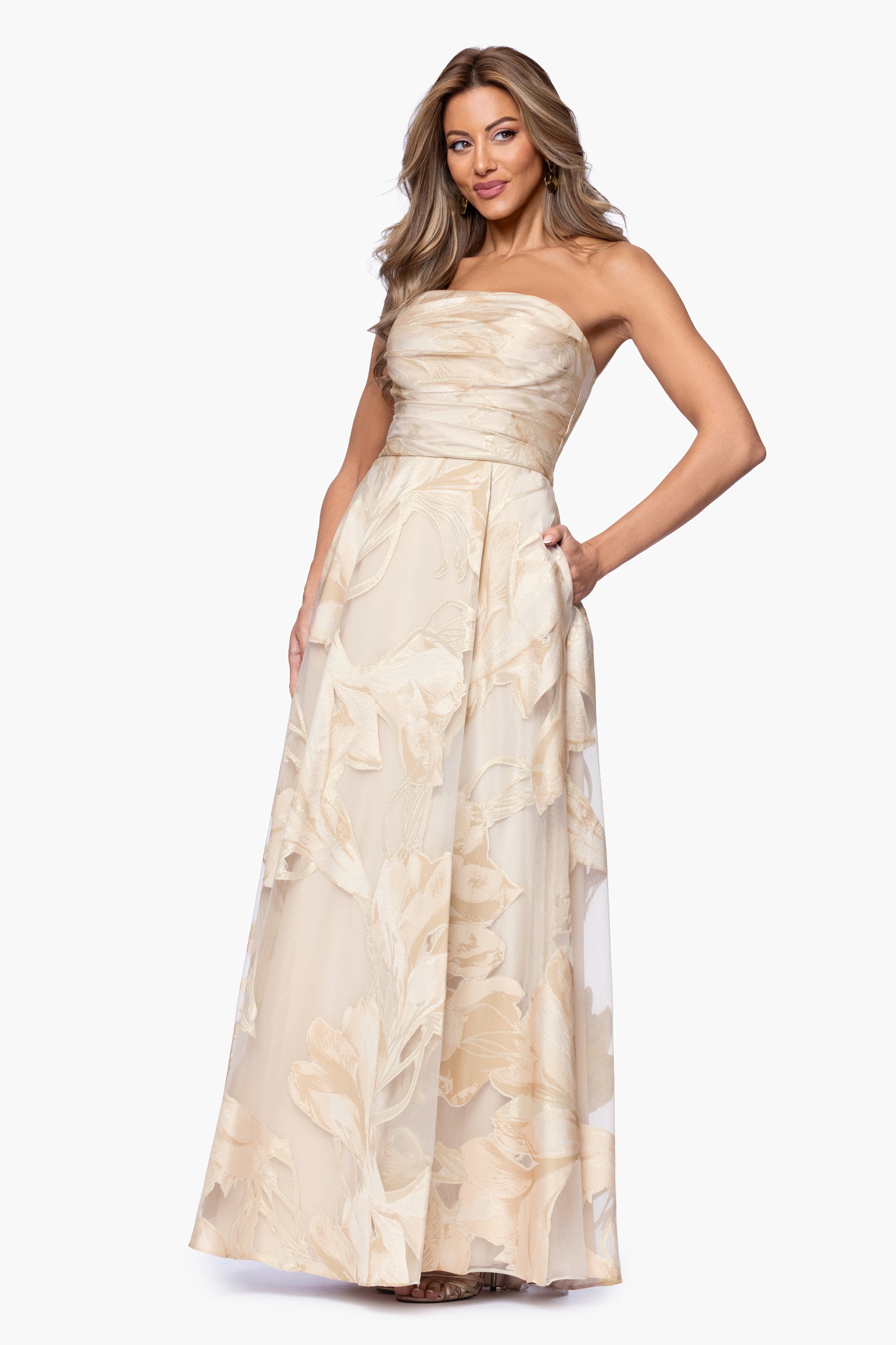 "Shania" Jacquard Strapless Floor Length Dress