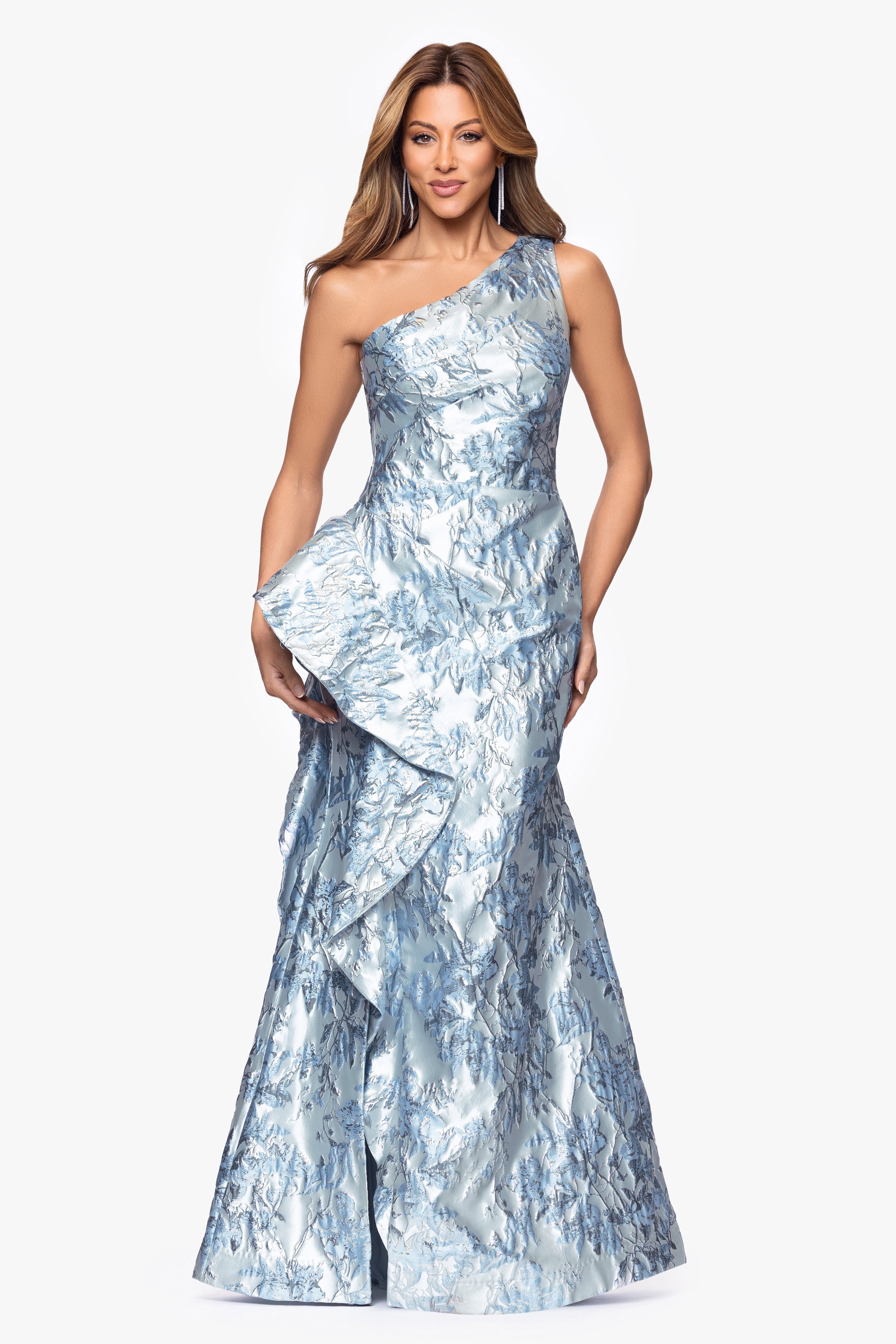 "Ida" Brocade One Shoulder Ruffle Floor Length Dress