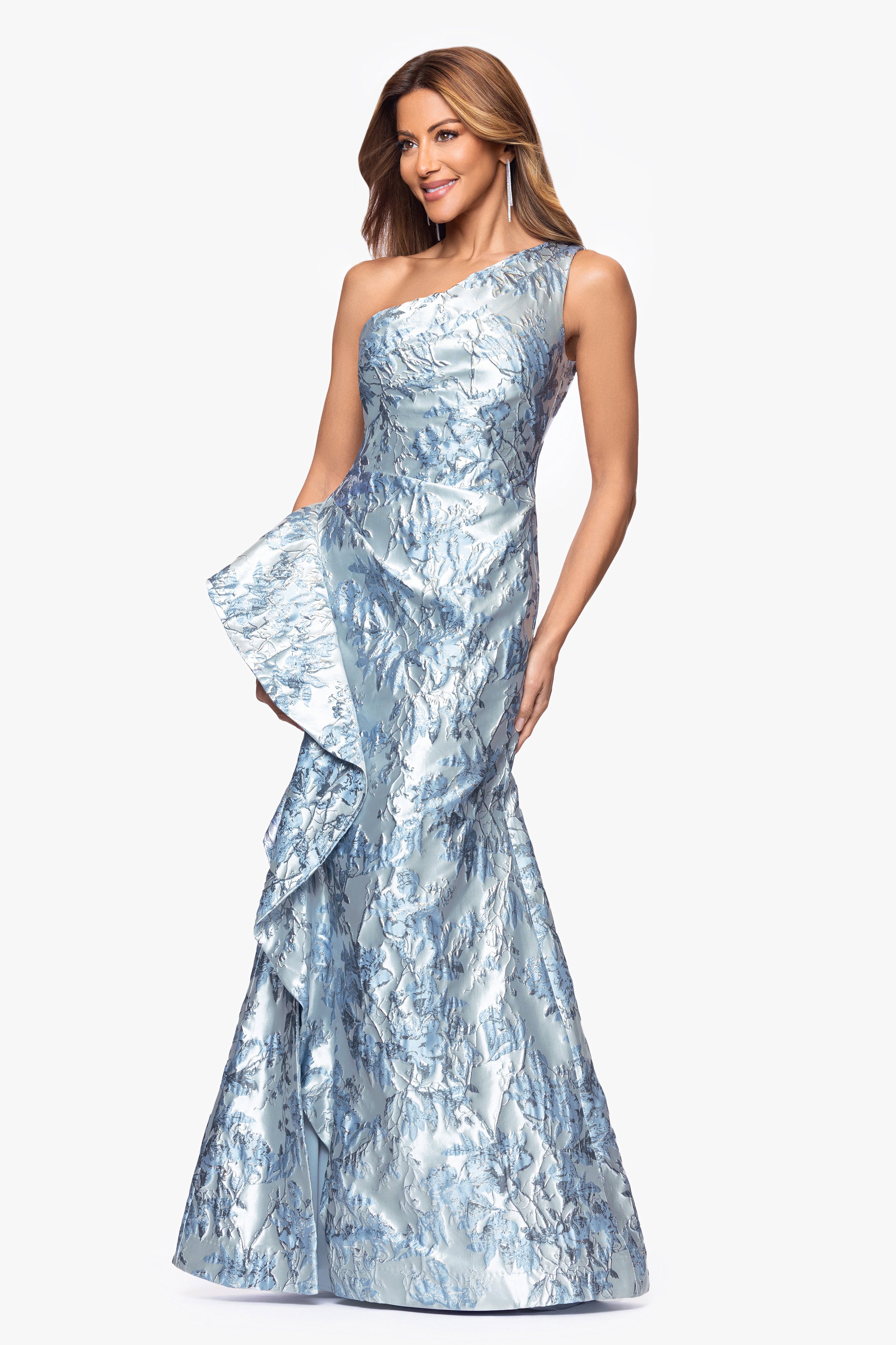 "Ida" Brocade One Shoulder Ruffle Floor Length Dress