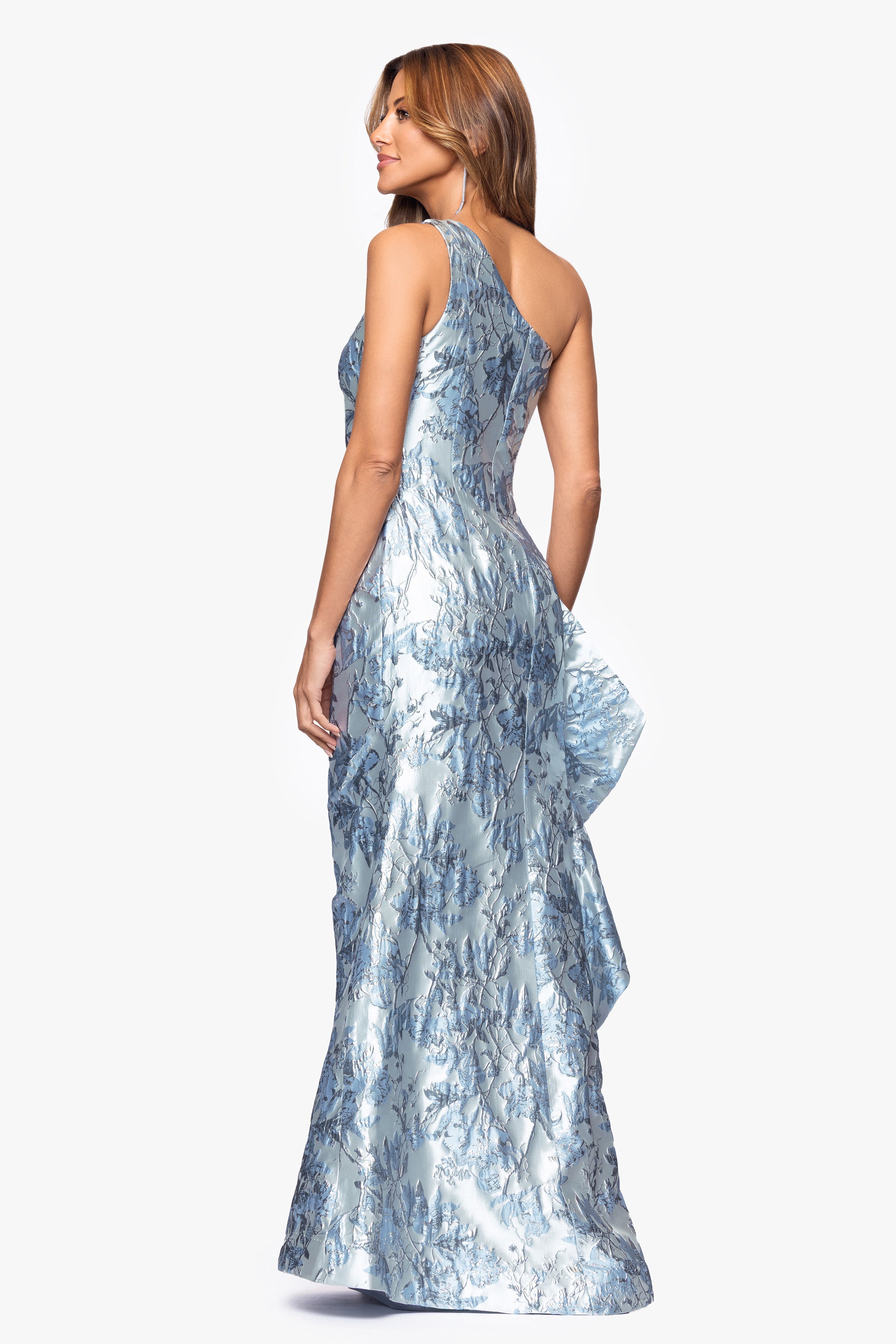 "Ida" Brocade One Shoulder Ruffle Floor Length Dress