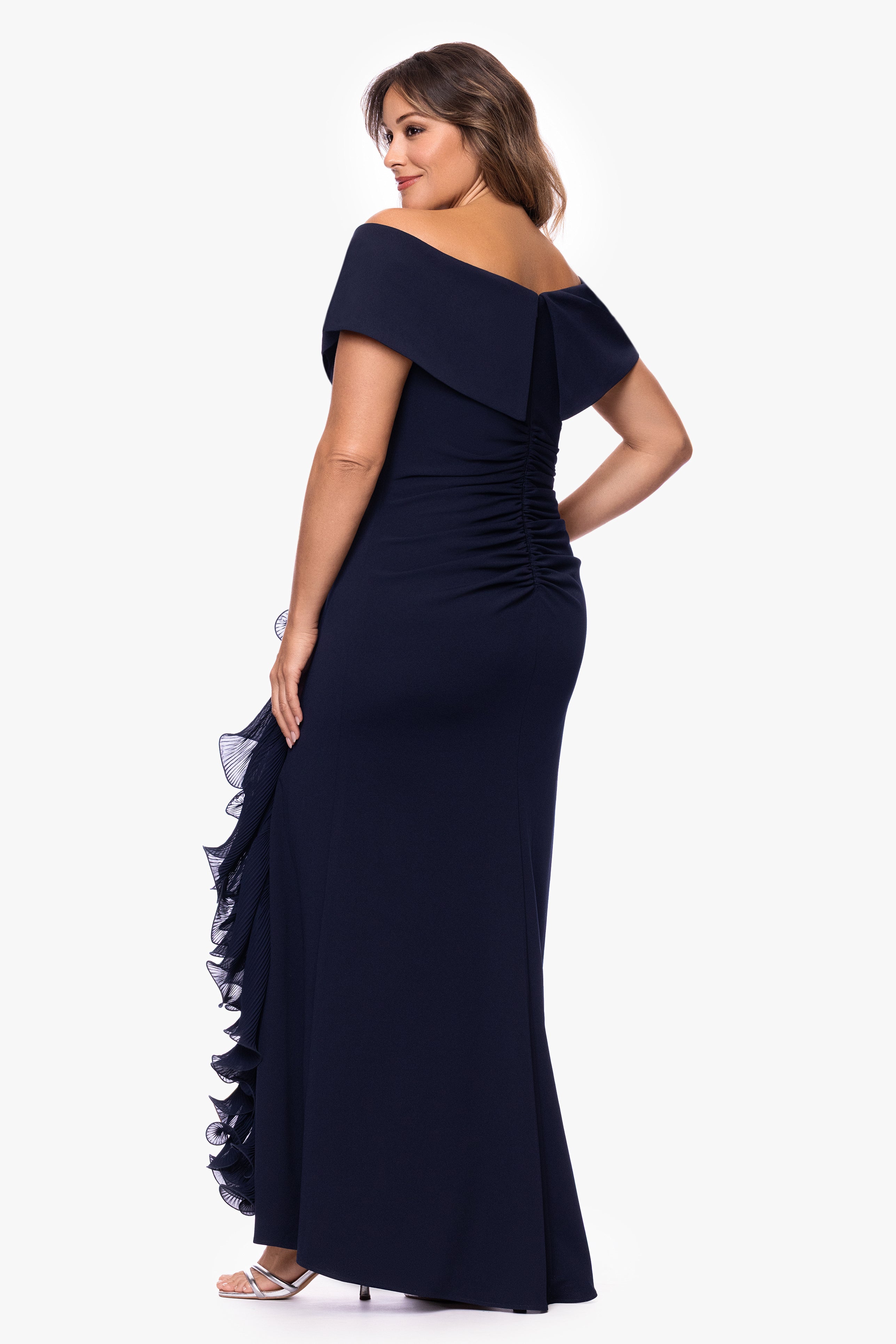 Plus "Sara" Scuba Crepe with Chiffon Ruffle Floor Length Dress