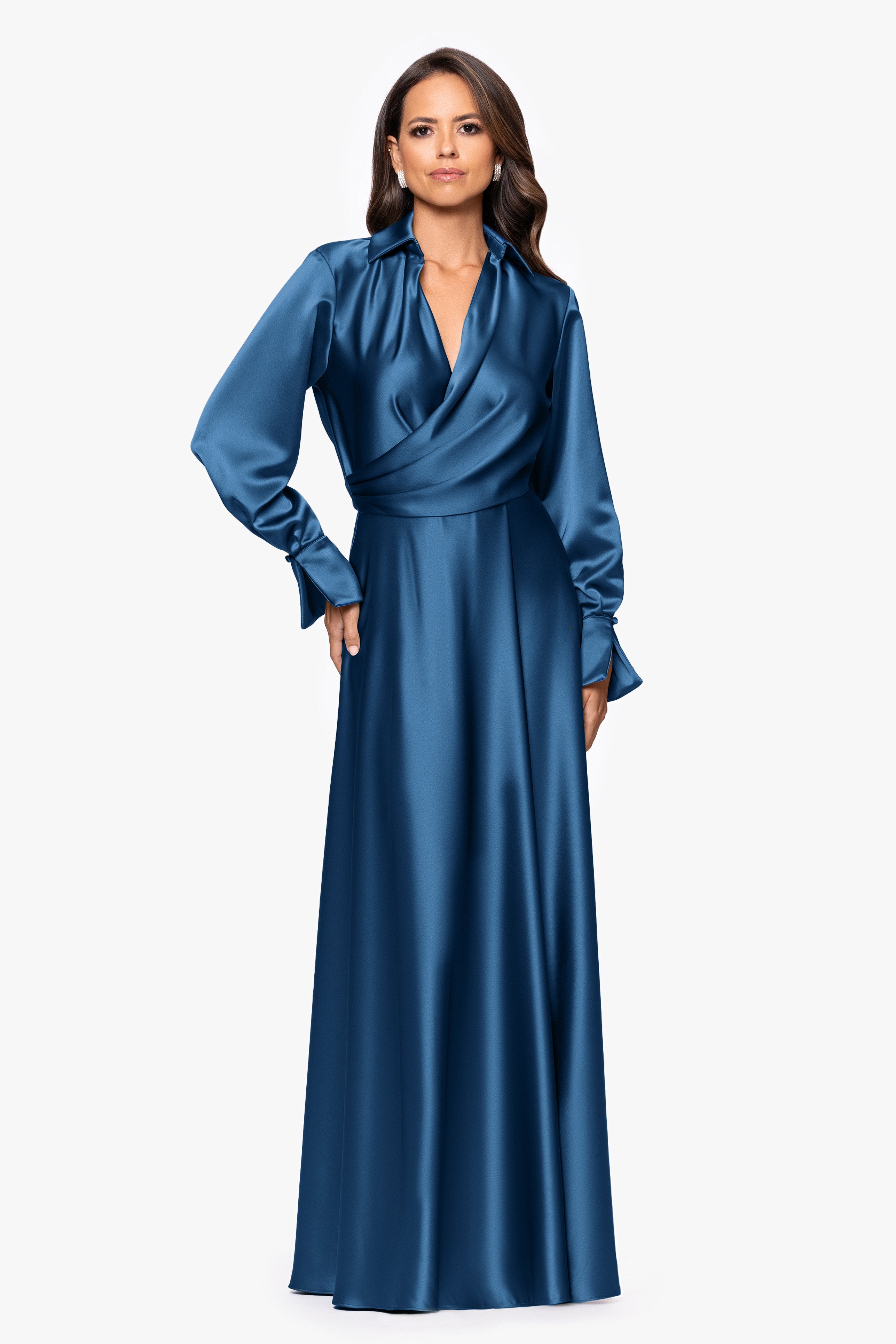 "Kelandra" Satin Collared V-Neck Long Sleeve Floor Length Dress