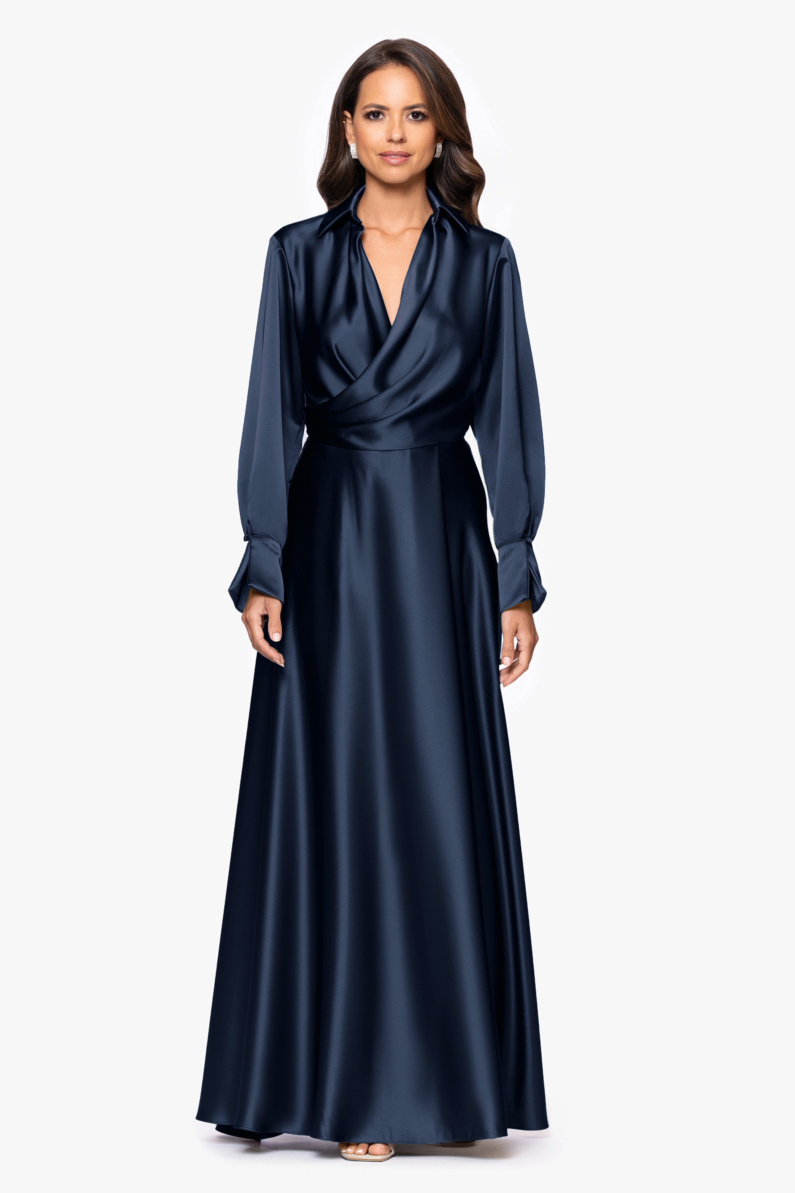 "Kelandra" Satin Collared V-Neck Long Sleeve Floor Length Dress