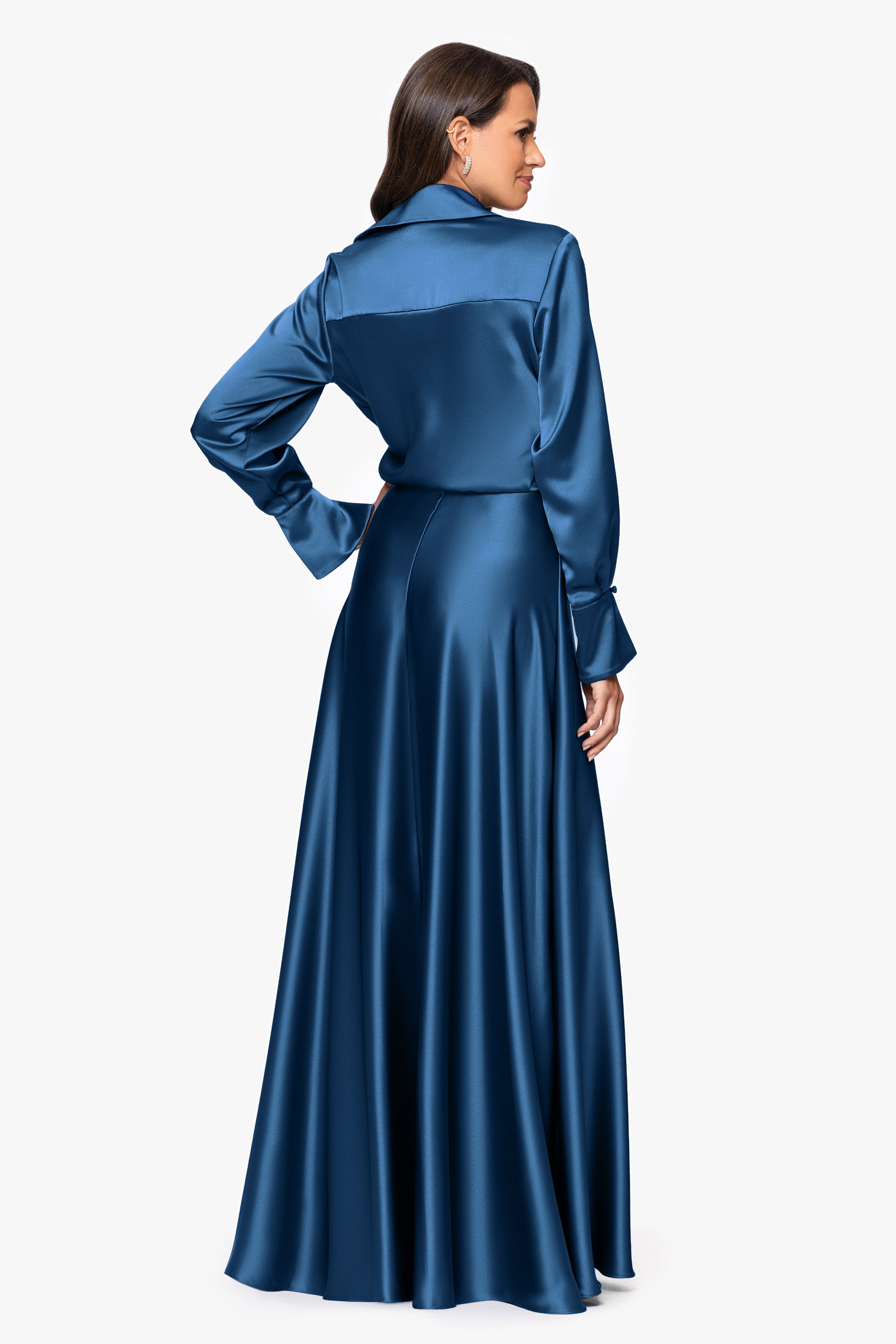 "Kelandra" Satin Collared V-Neck Long Sleeve Floor Length Dress