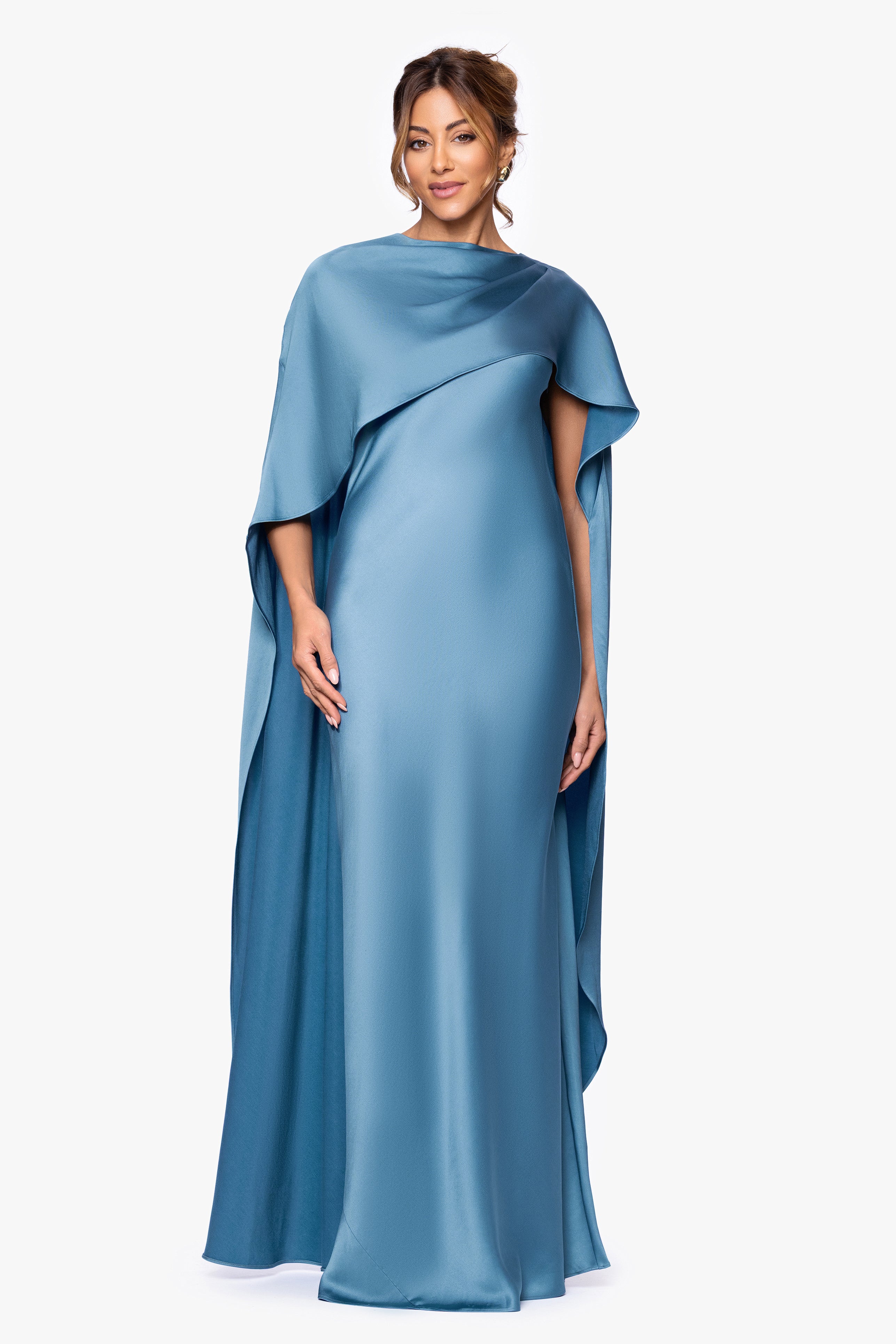 "Tallulah" Satin Overlay Cape Floor Length Dress