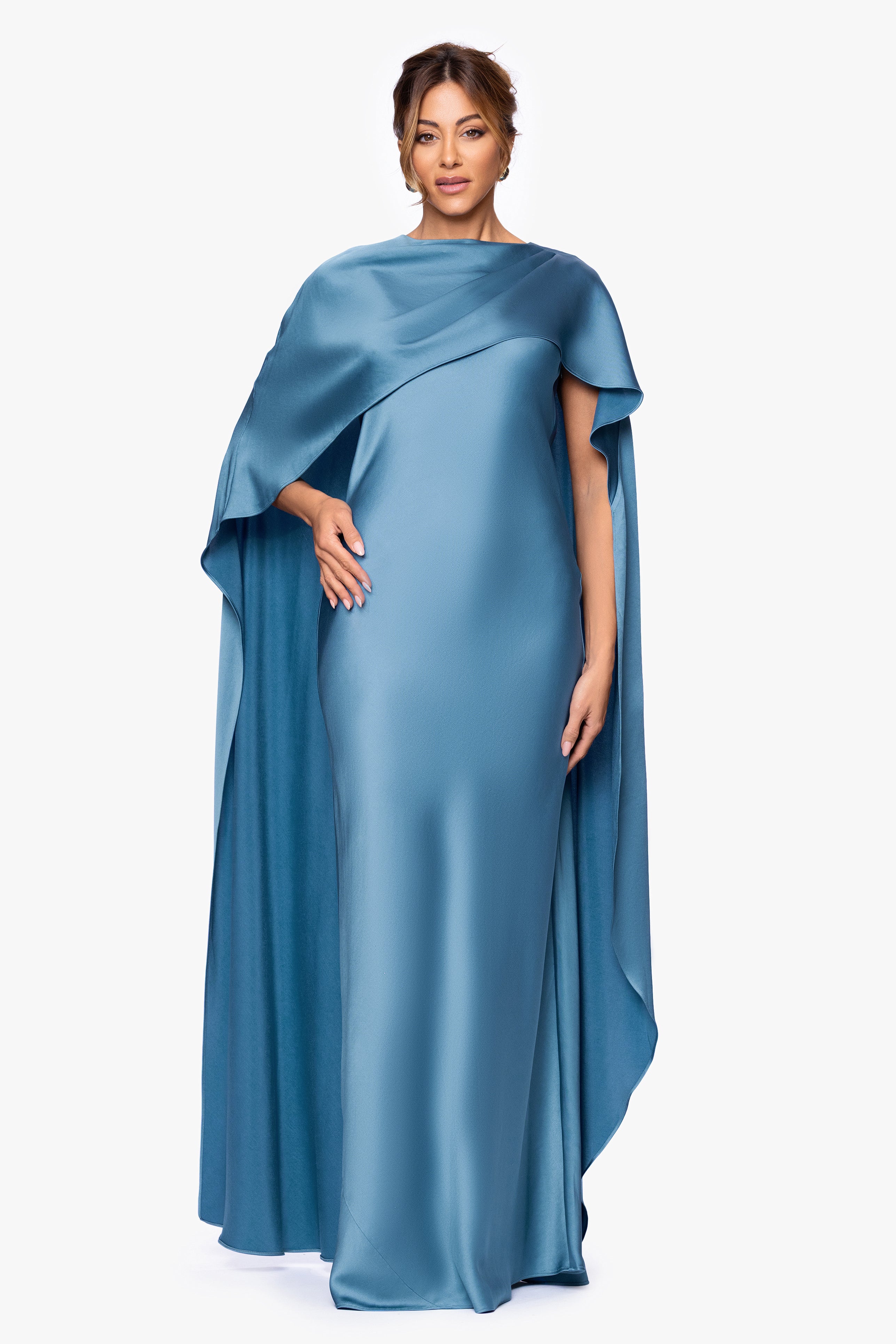 "Tallulah" Satin Overlay Cape Floor Length Dress