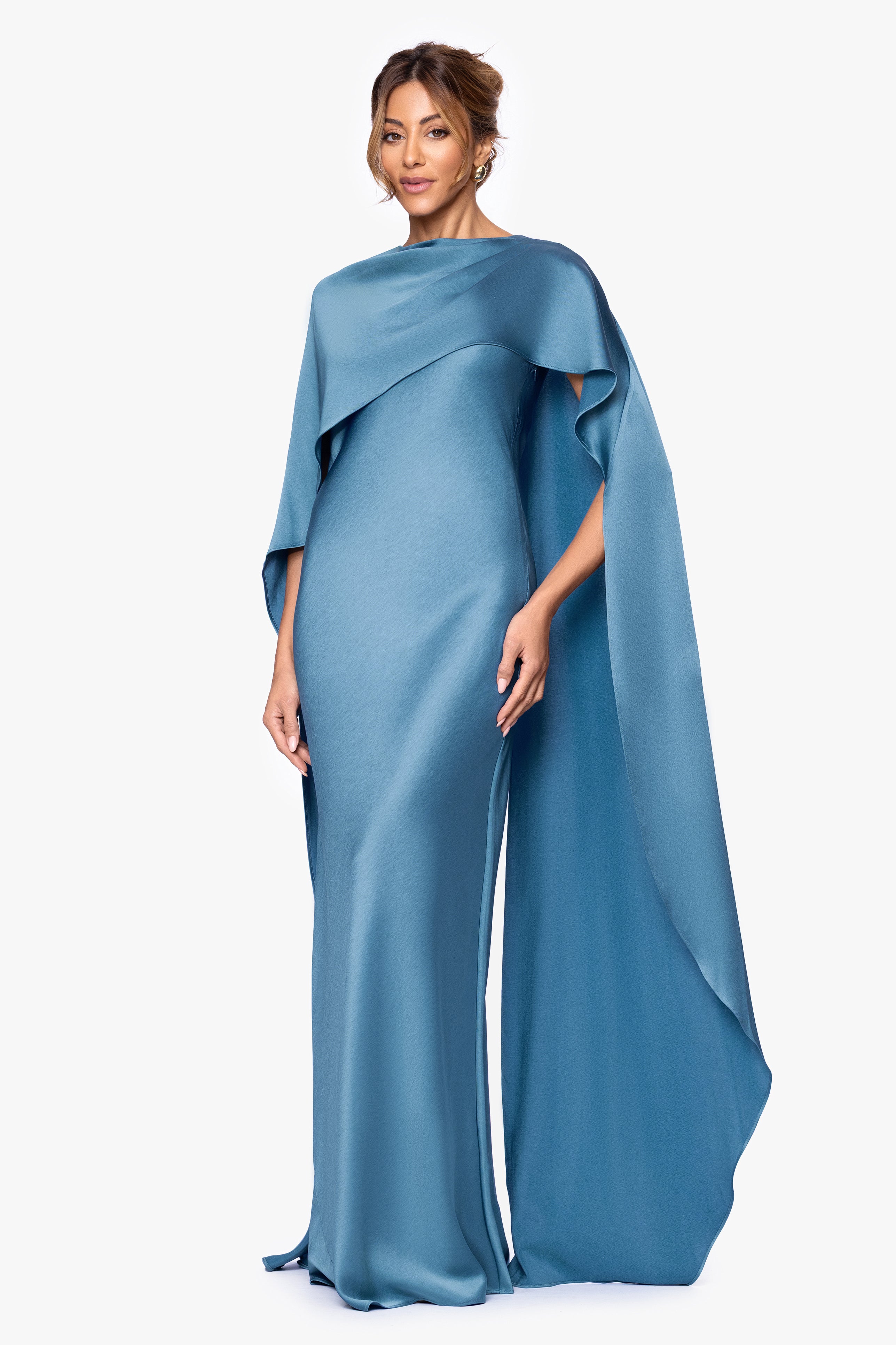 "Tallulah" Satin Overlay Cape Floor Length Dress