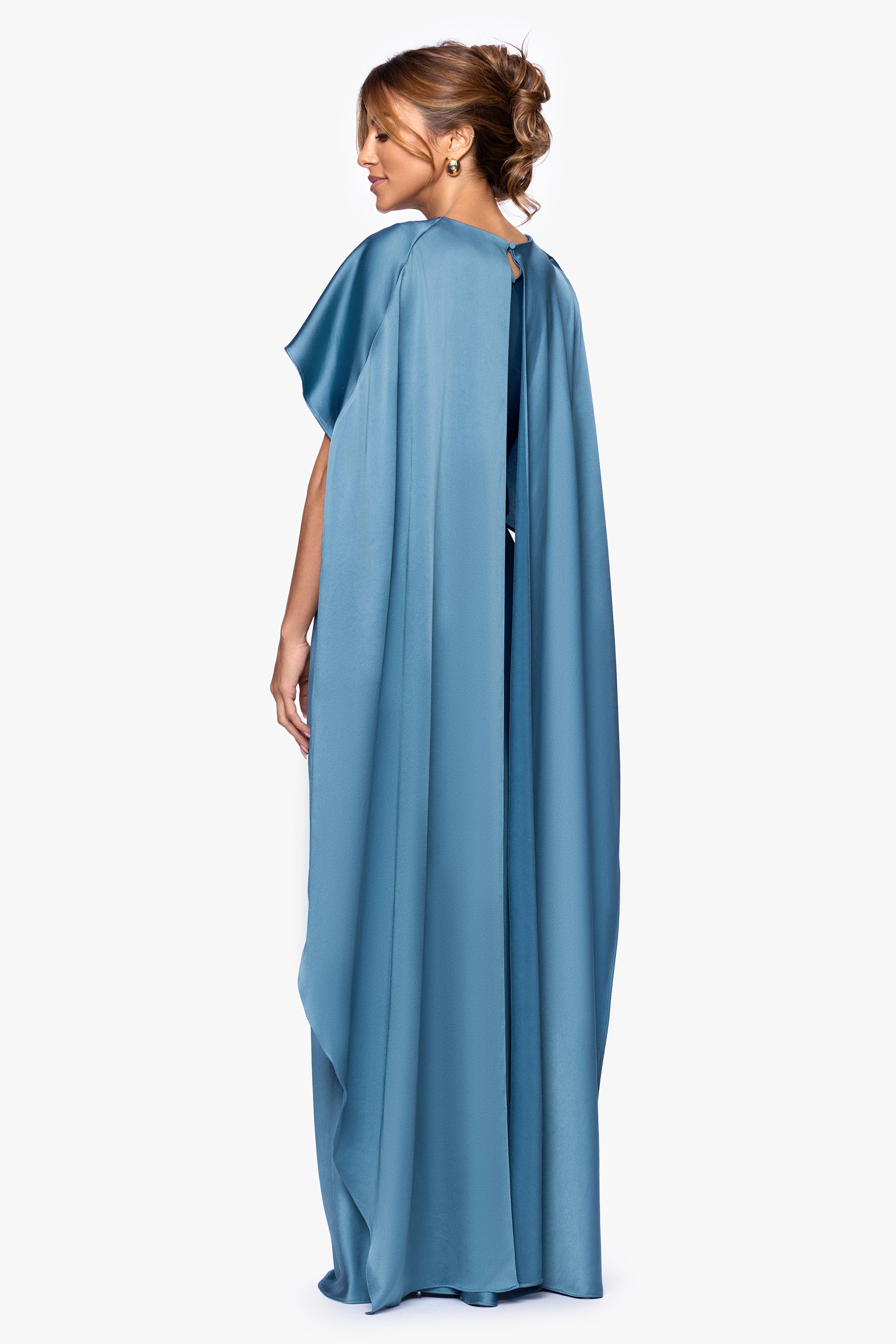 "Tallulah" Satin Overlay Cape Floor Length Dress