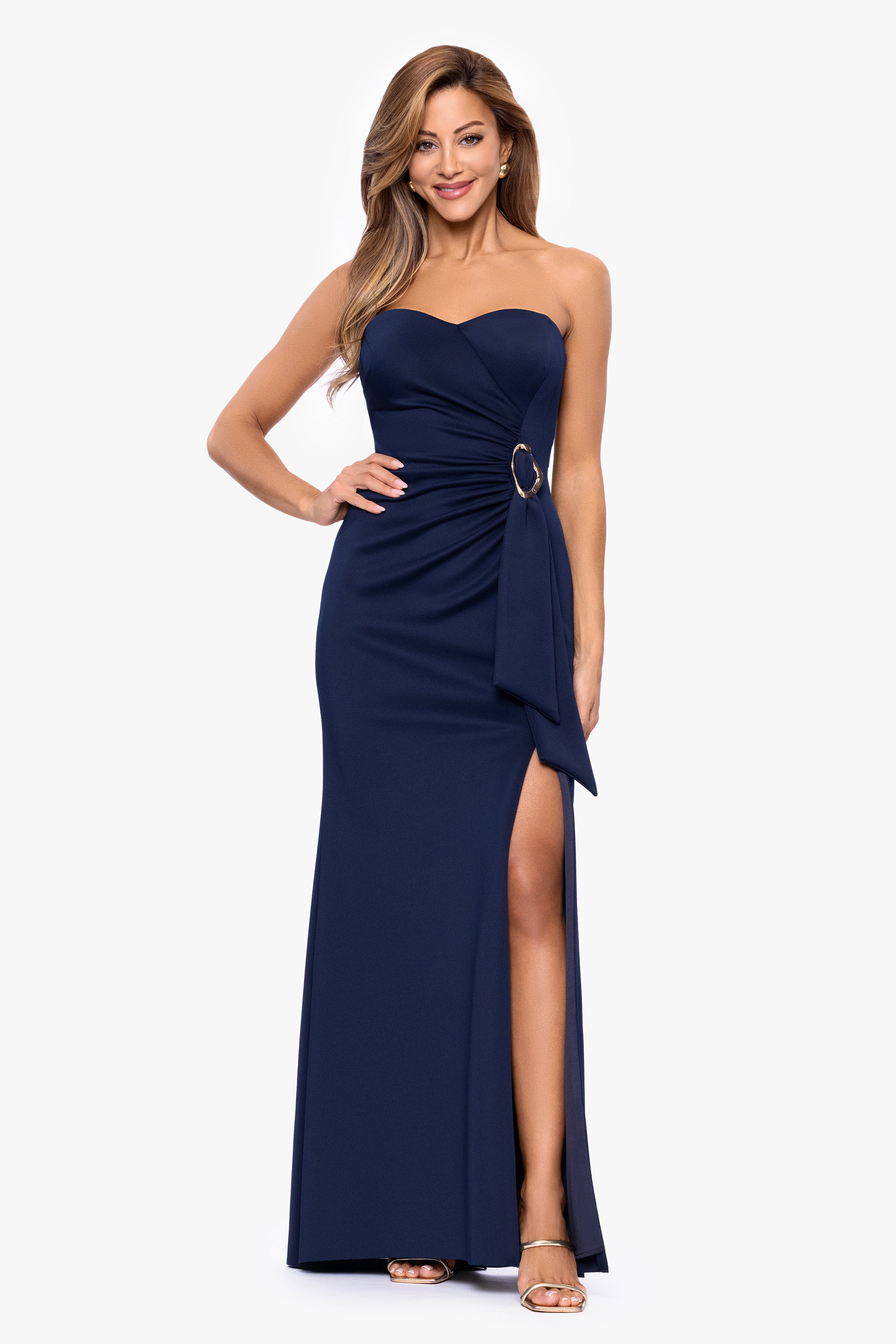 "Ayla" Techno Scuba Strapless Floor Length Dress