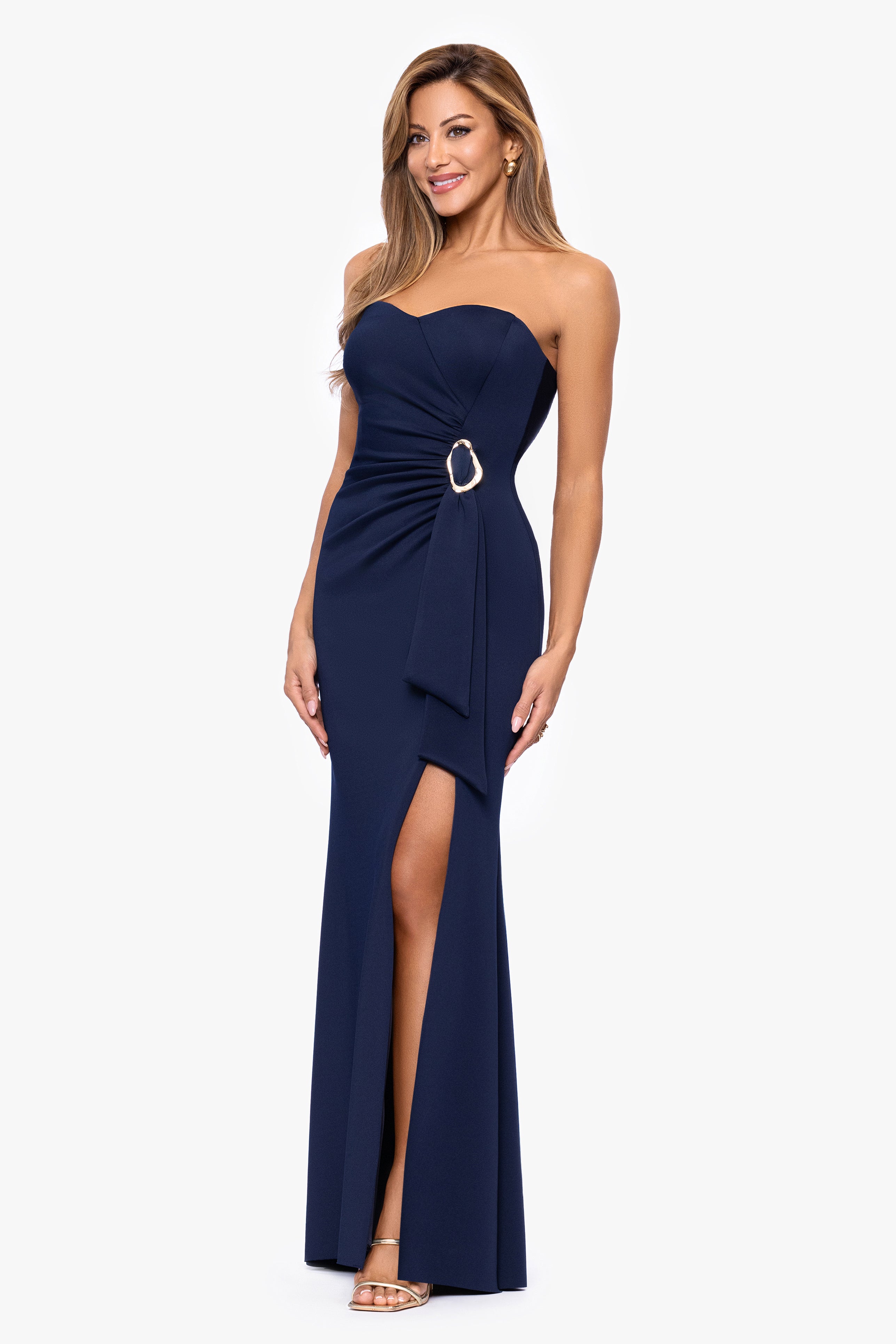 "Ayla" Techno Scuba Strapless Floor Length Dress