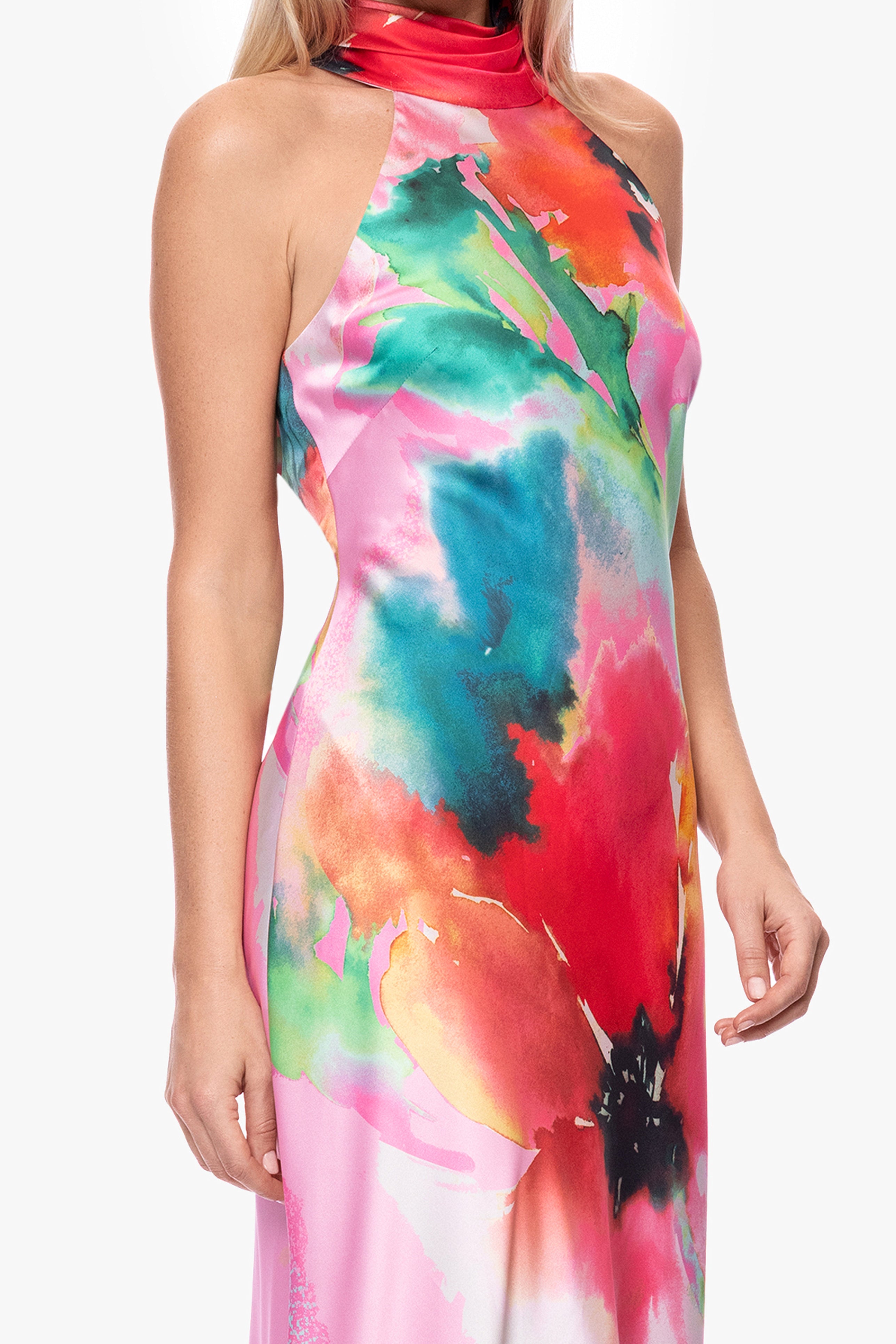 "Poppy" Print Satin Halter Floor Length Dress