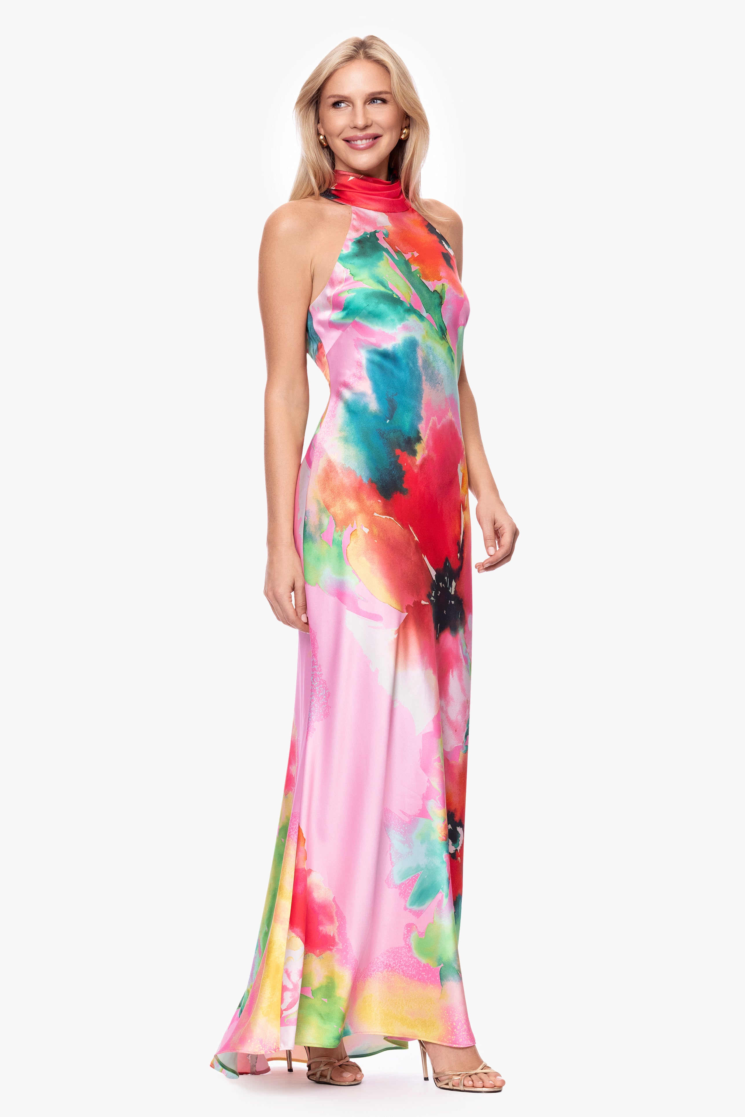 "Poppy" Print Satin Halter Floor Length Dress