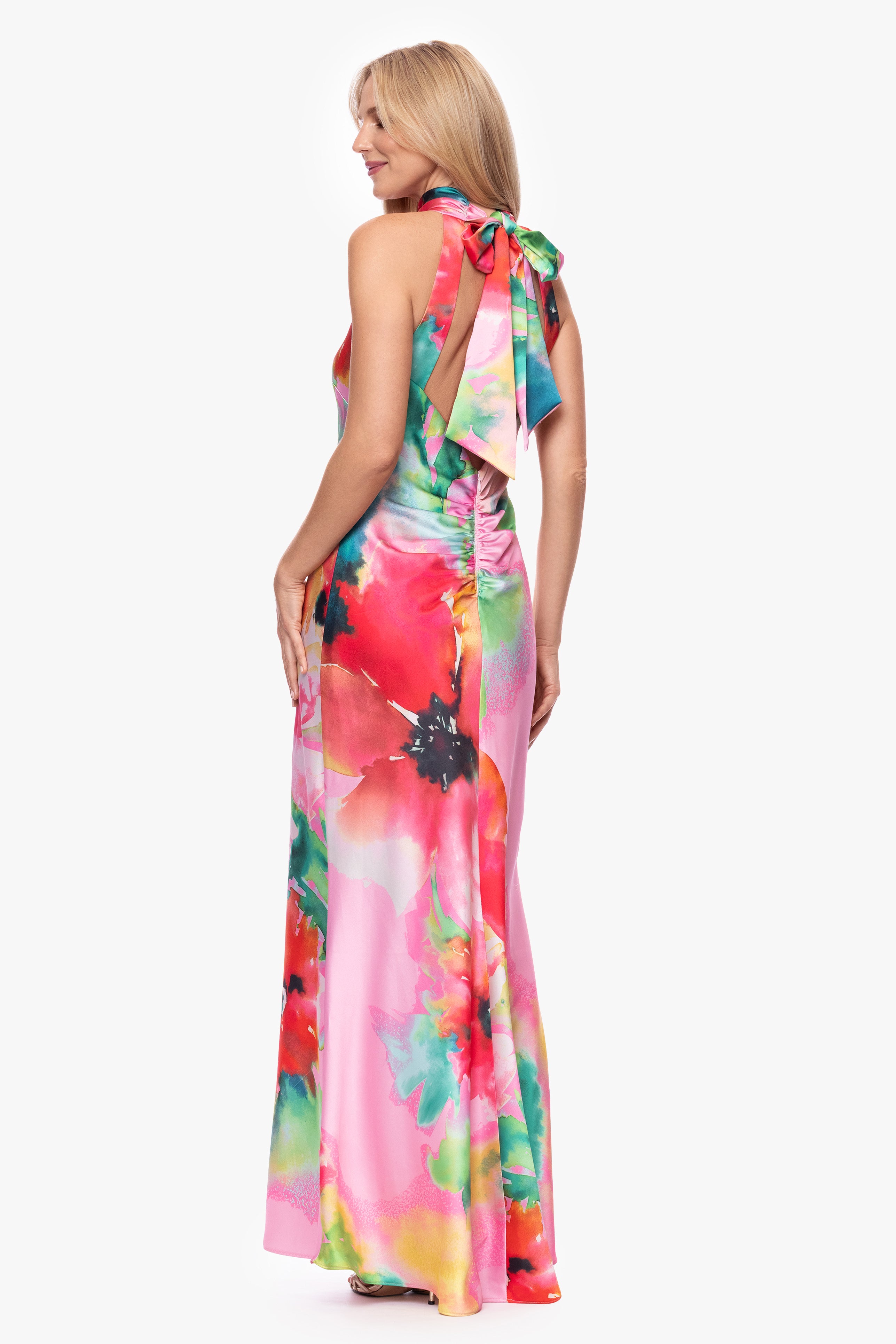 "Poppy" Print Satin Halter Floor Length Dress
