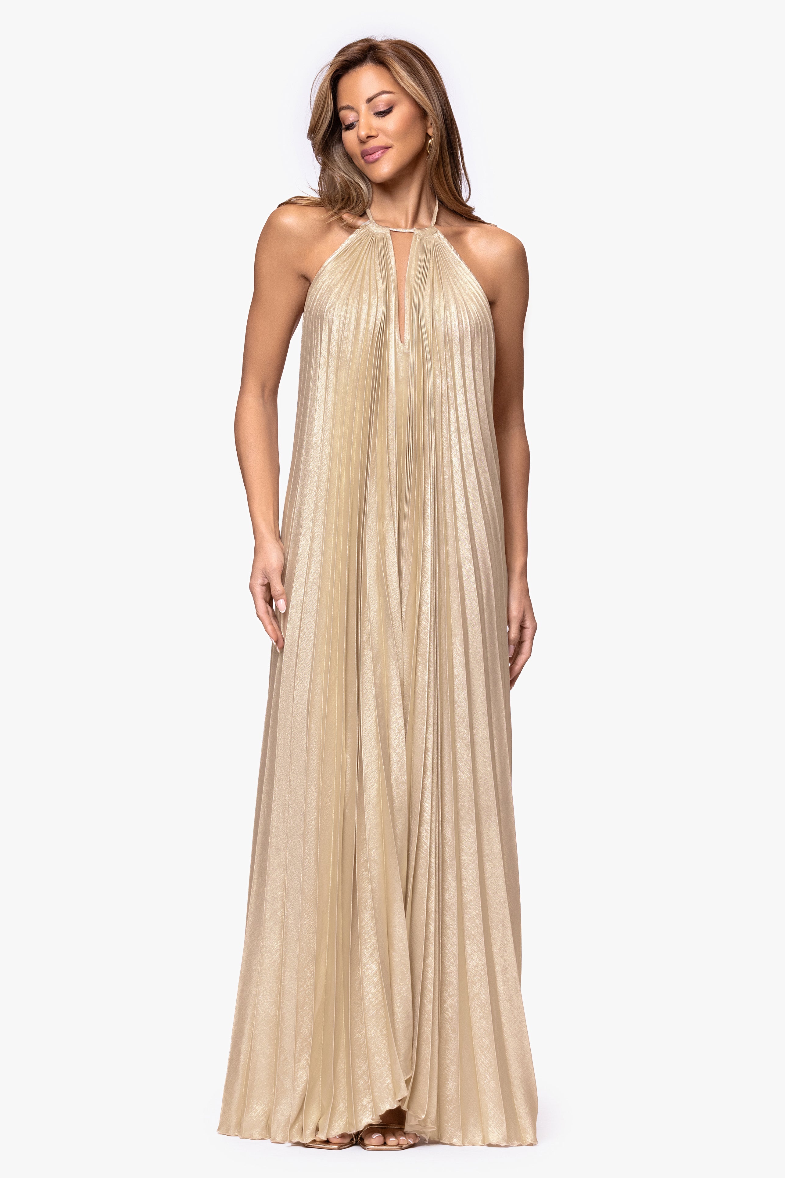 "Bailey" Metallic Halter Neck Floor Length Dress