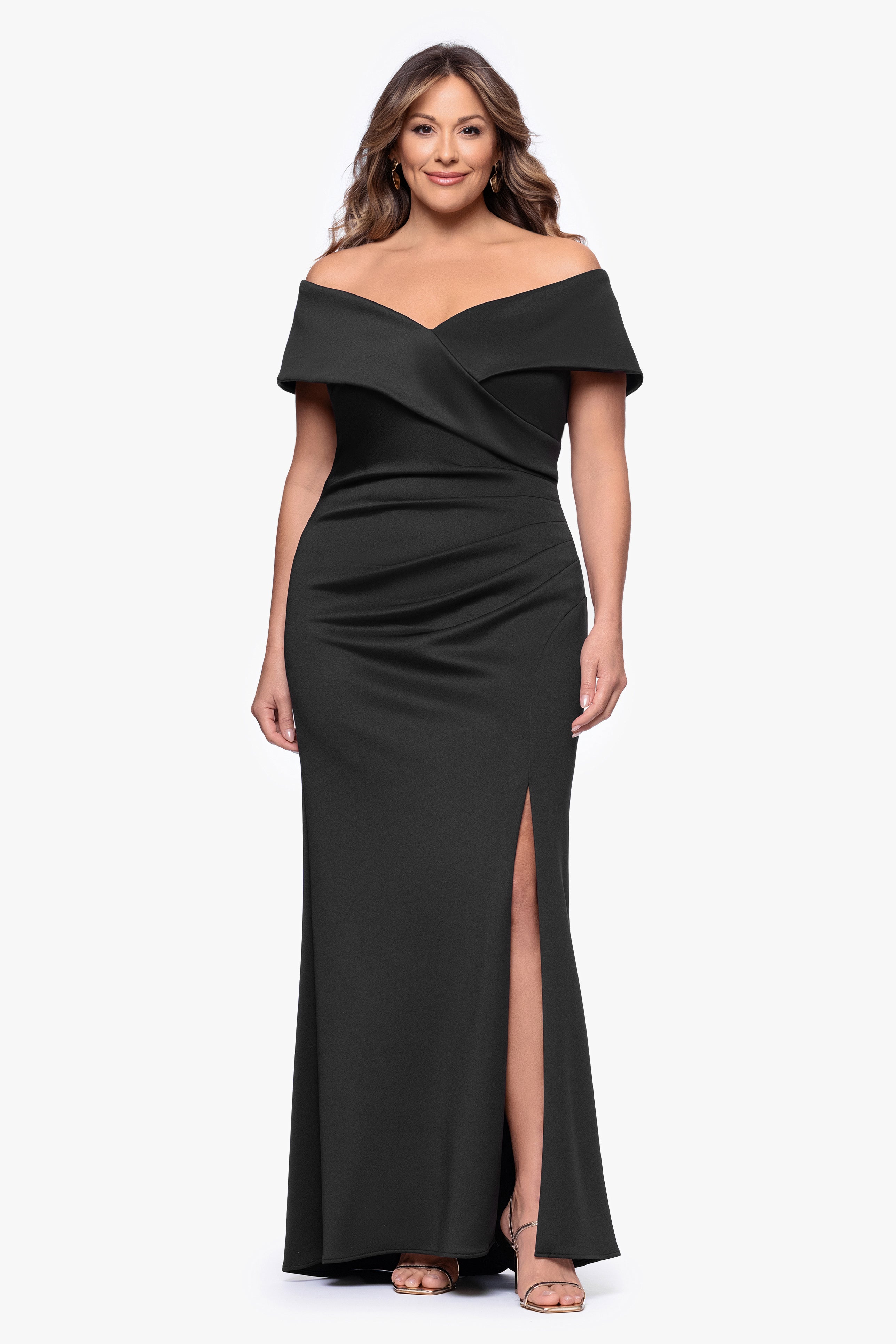 Plus "Skye" Techno Scuba Off Shoulder Floor Length Dress