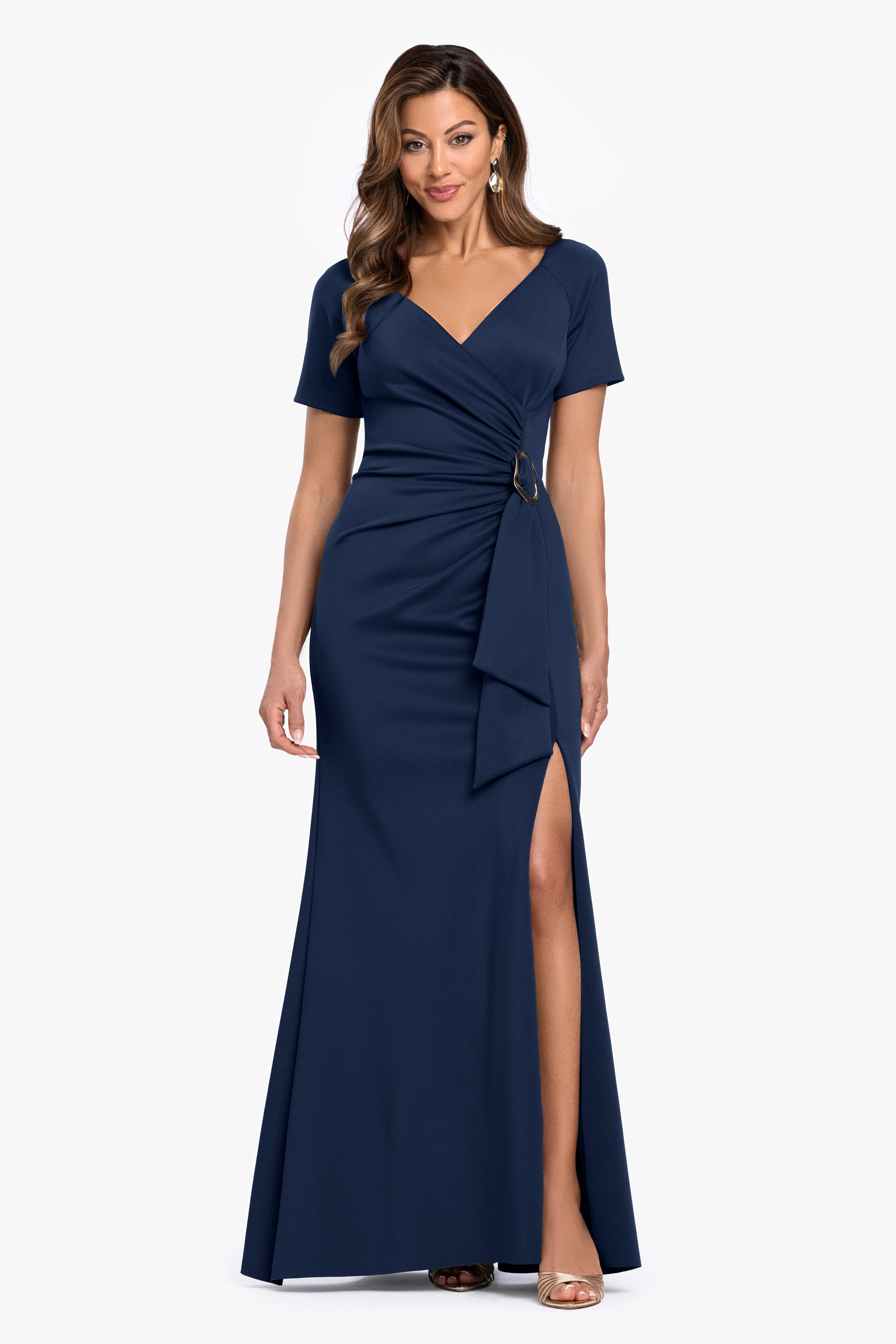 "Jaslene" Techno Scuba V-Neck Gold Detail Dress