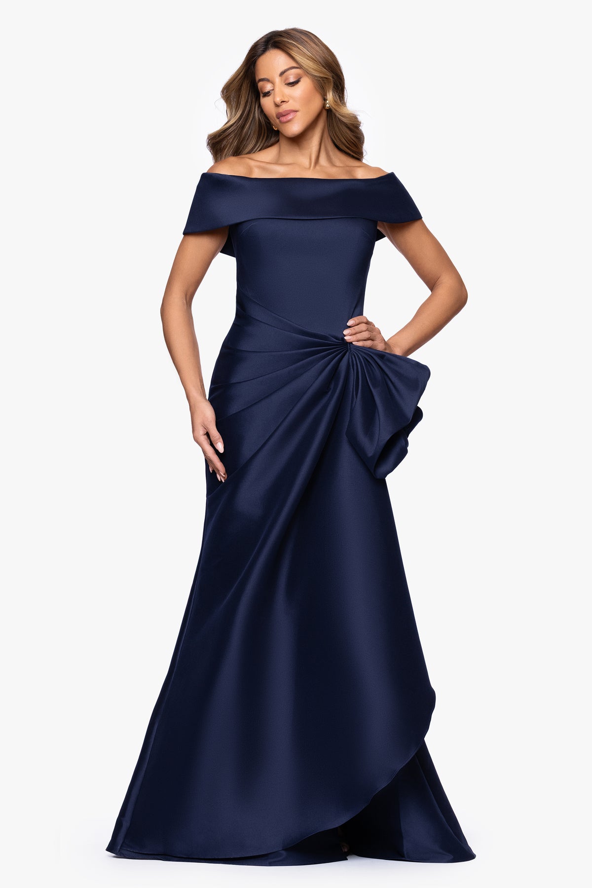"Holly" Stretch Mikado Off Shoulder Ruffle Dress