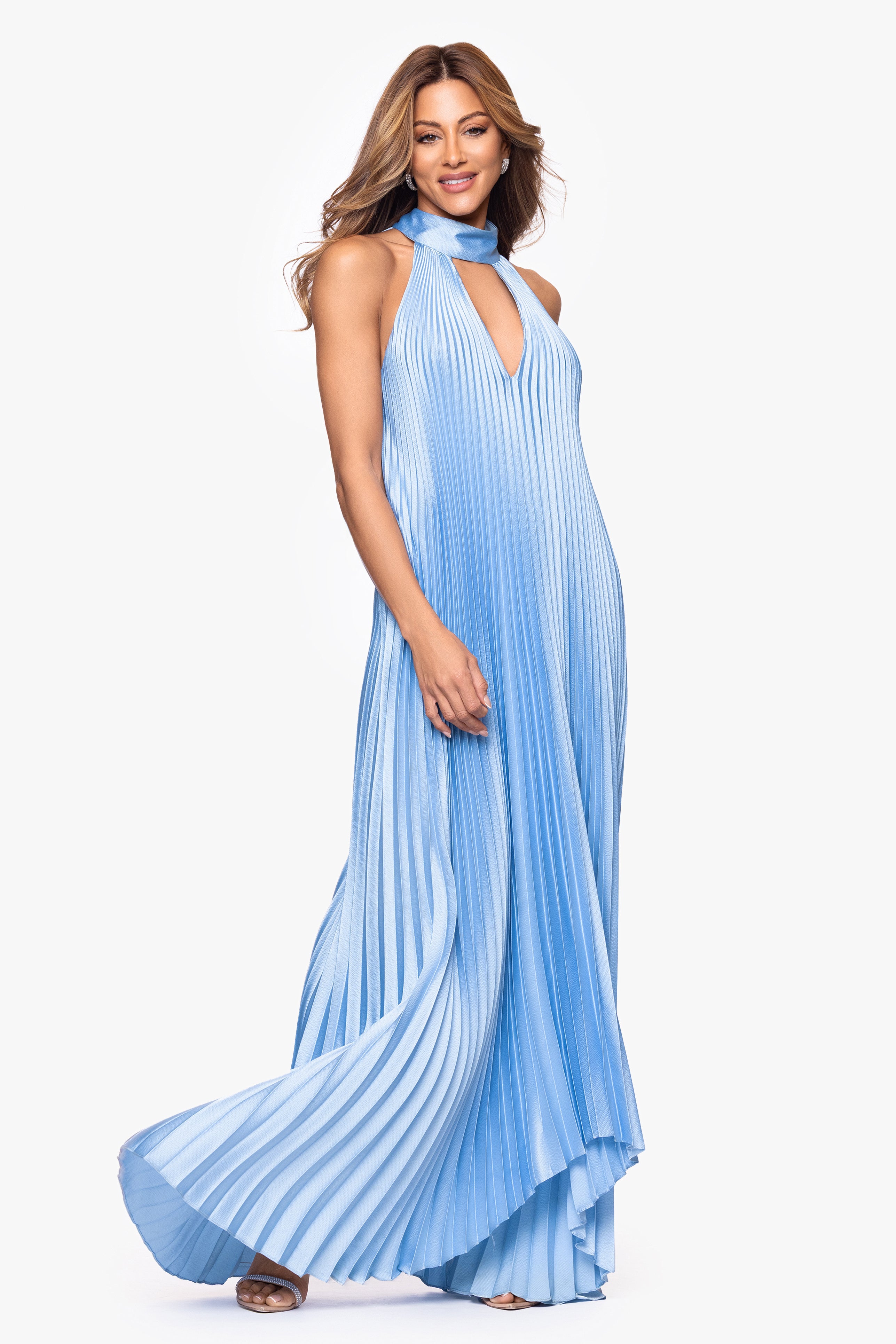 "Rebecca" Satin Pleated Halter High Neck Floor Length Dress