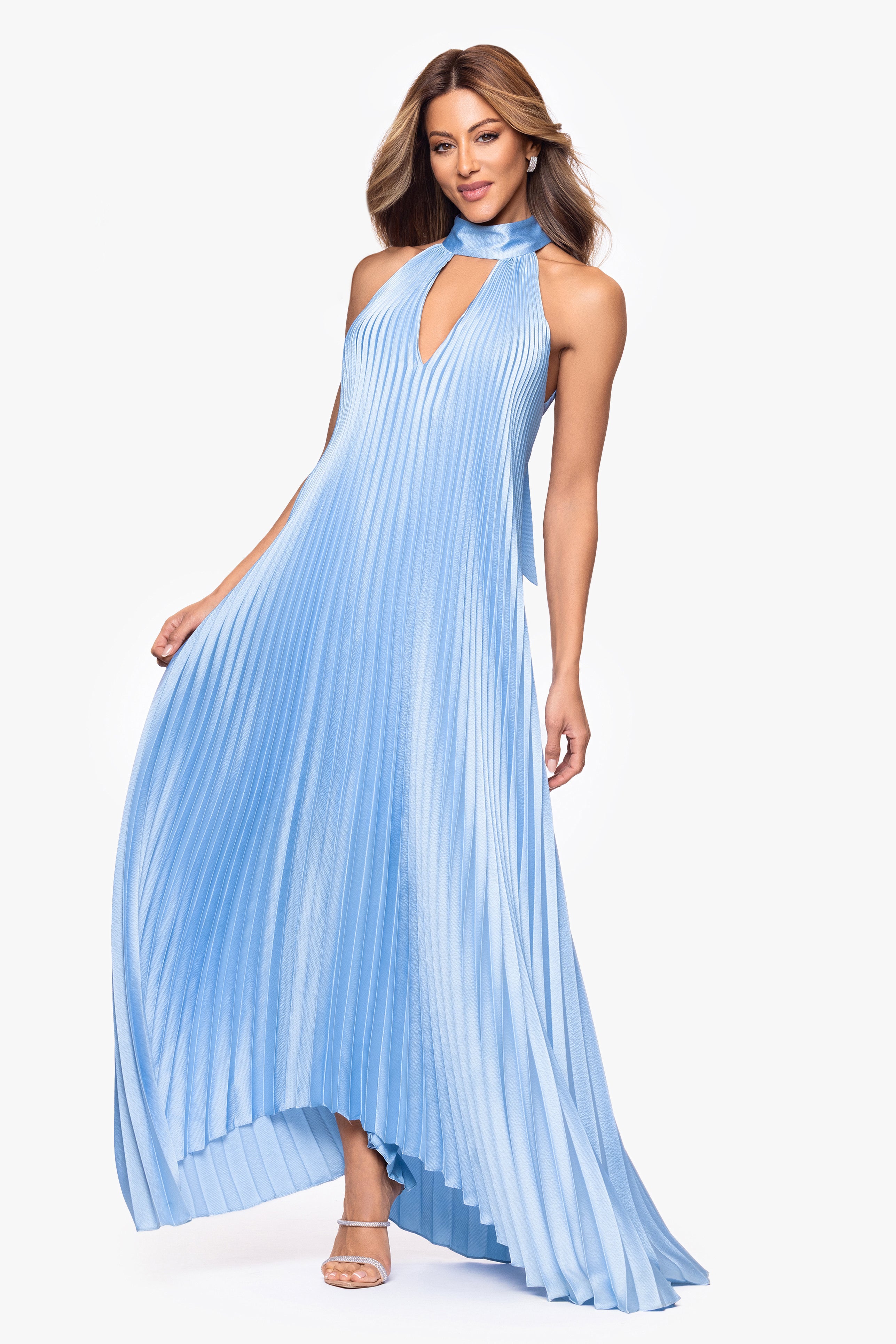 "Rebecca" Satin Pleated Halter High Neck Floor Length Dress