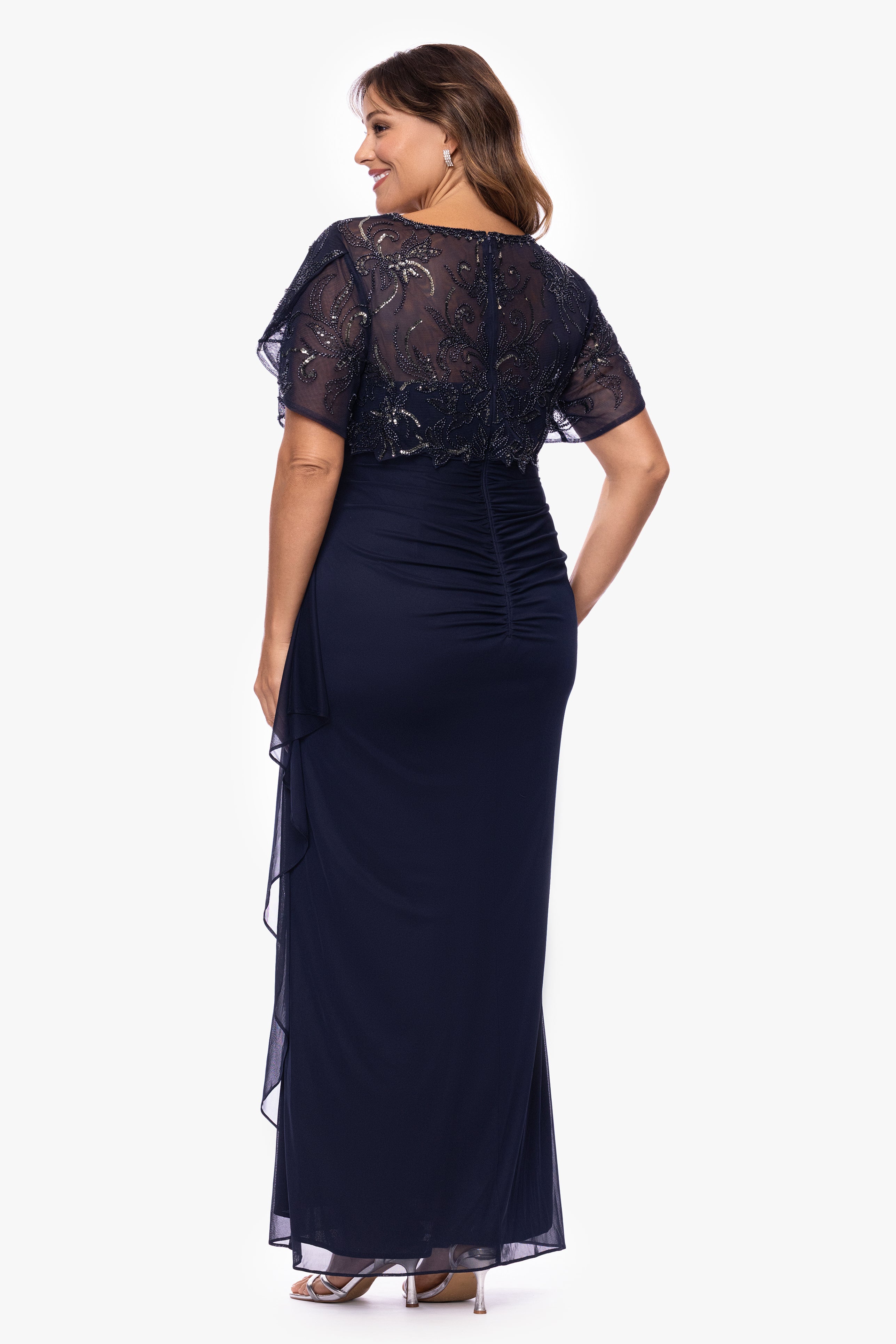 Plus "Giselle" Sheer Jersey Beaded V-Neck Floor Length Dress