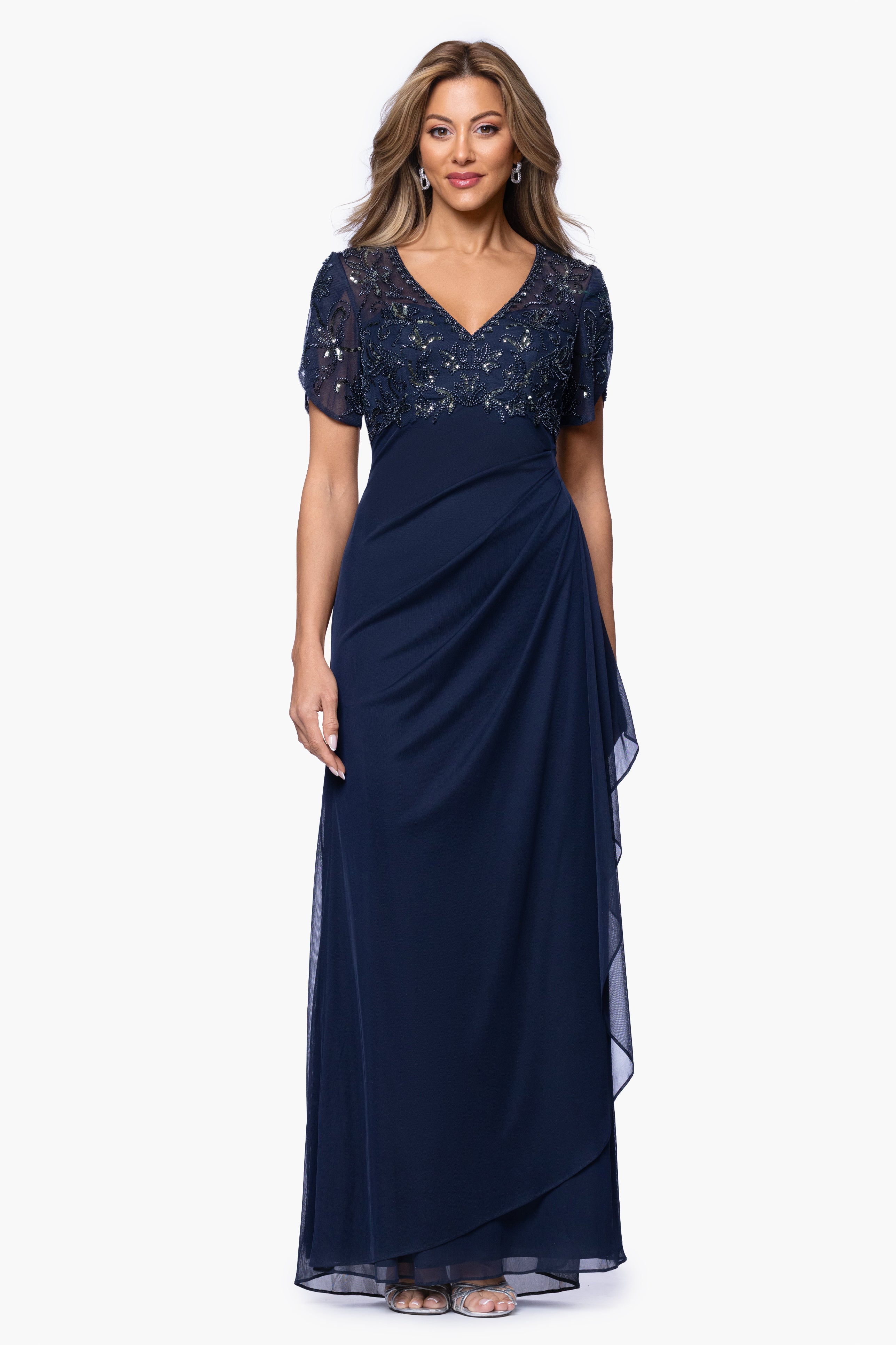 "Giselle" Sheer Jersey Beaded V-Neck Floor Length Dress