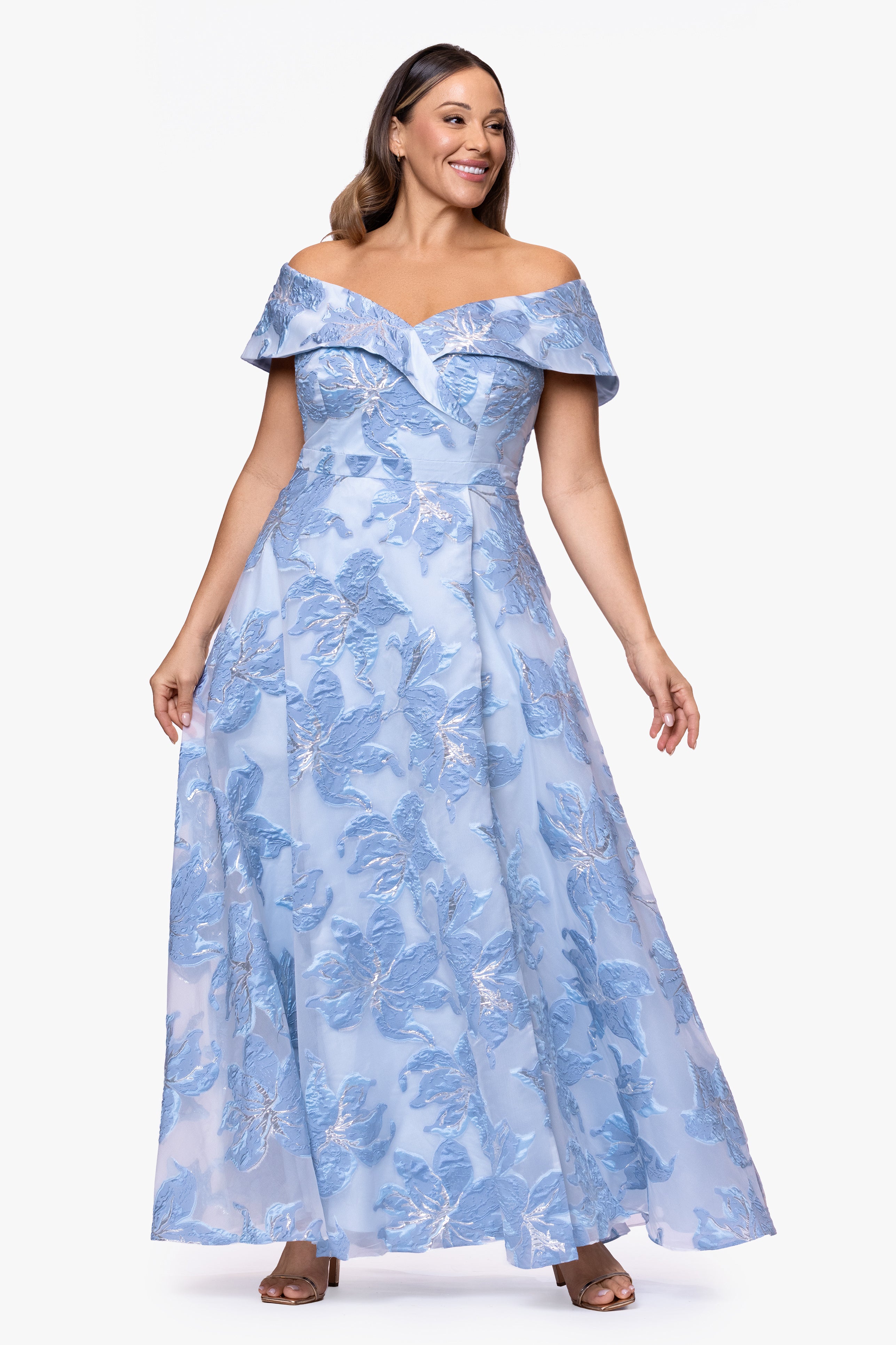 Plus "Alexi" Organza & Jacquard Off Shoulder Floor Length Dress