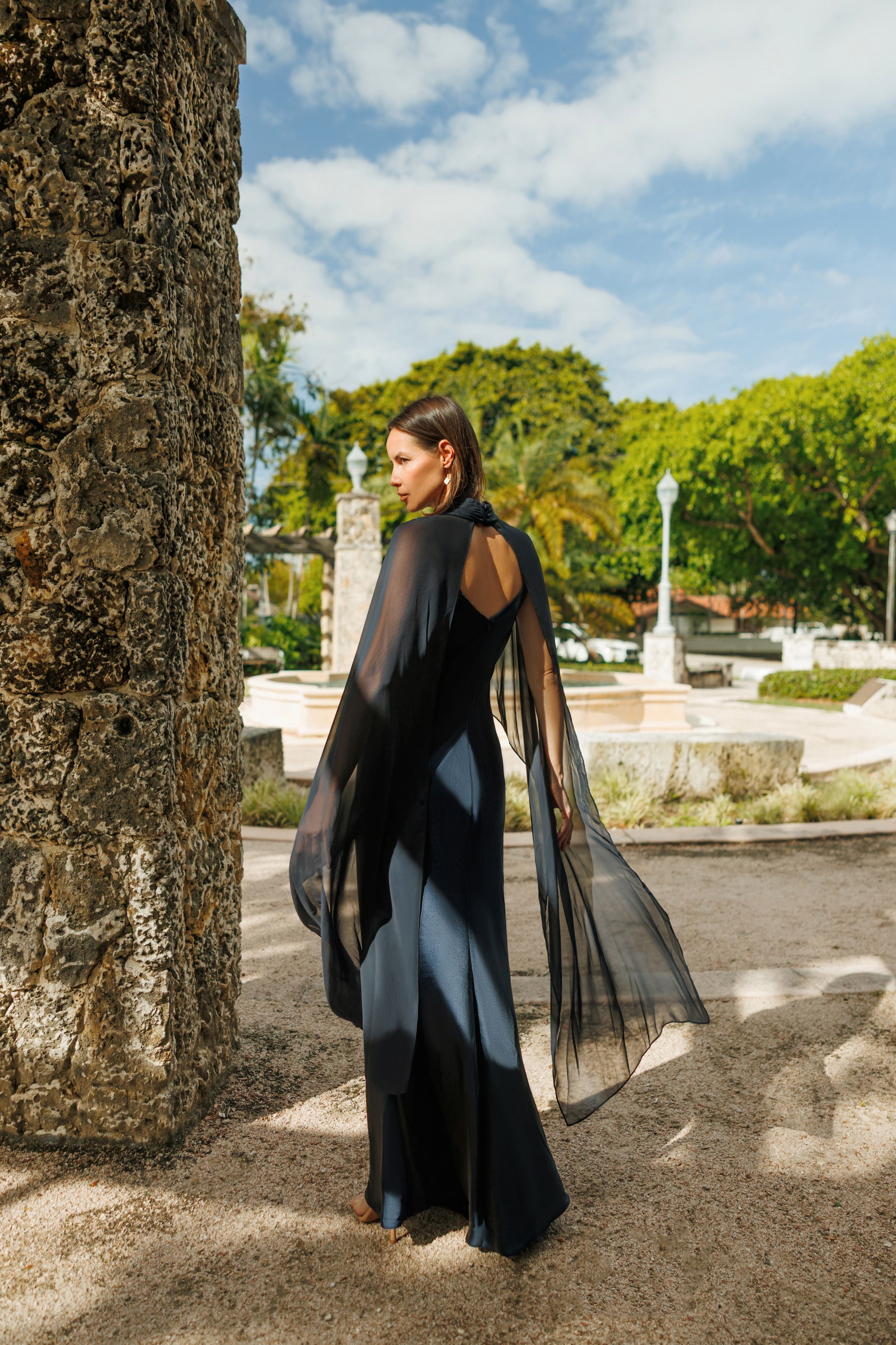 "Laura" Satin Dress With Removable Chiffon Shawl Dress