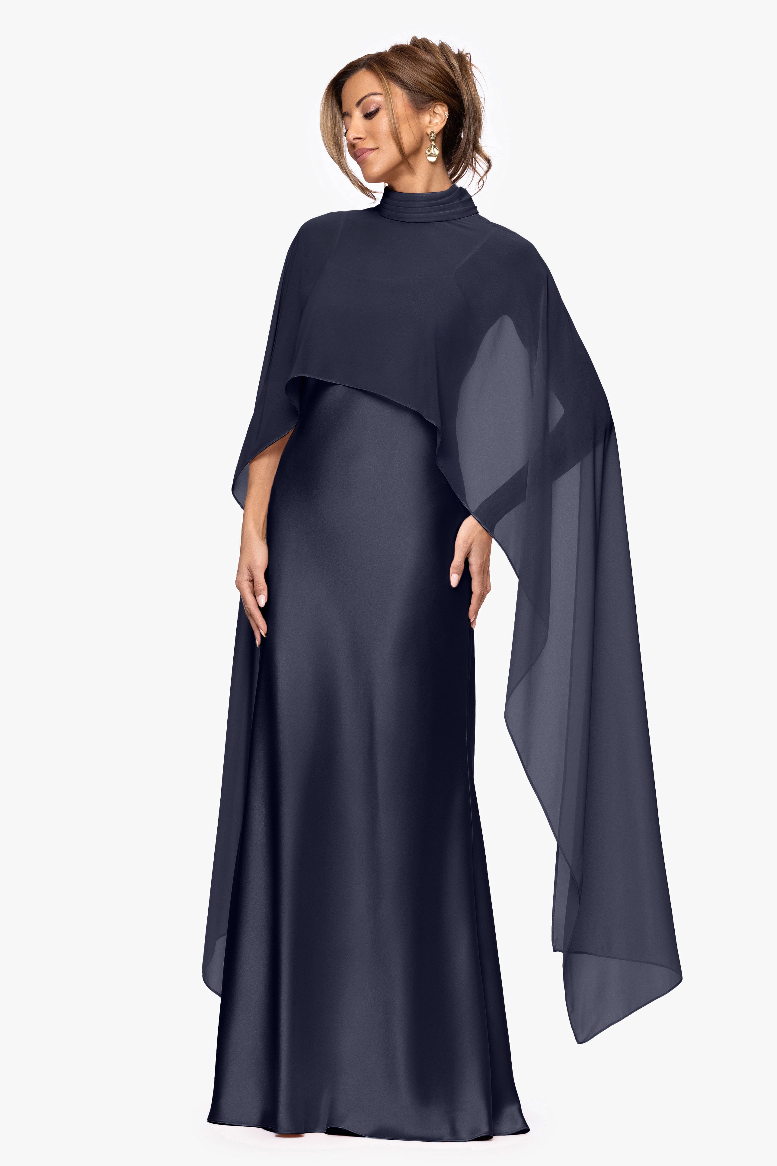 "Laura" Satin Dress With Removable Chiffon Shawl Dress