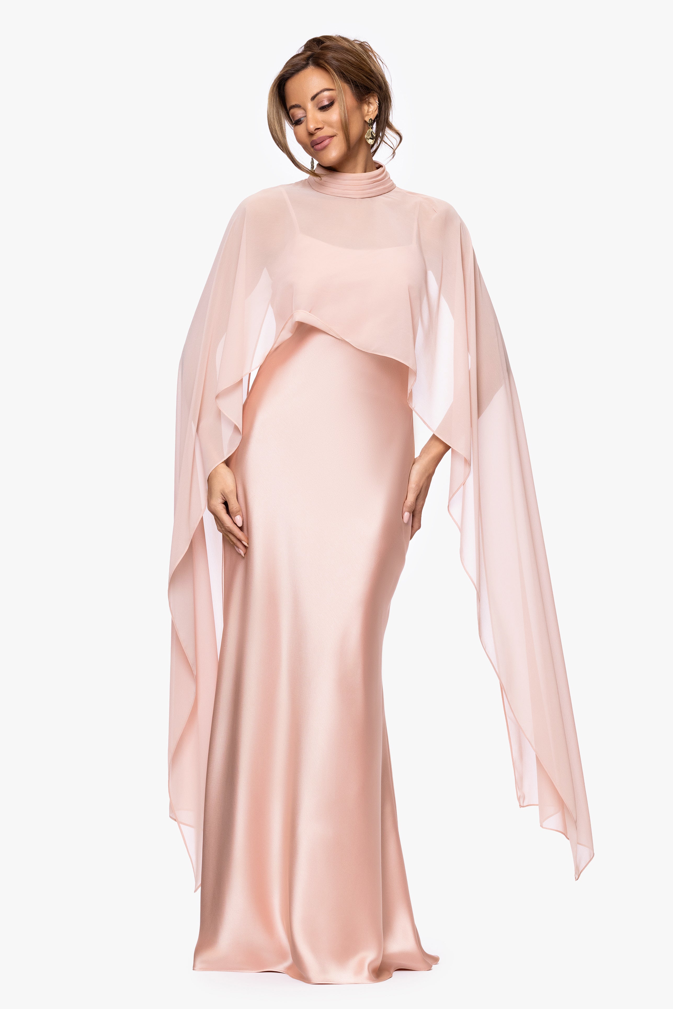 "Laura" Satin Dress With Removable Chiffon Shawl Dress