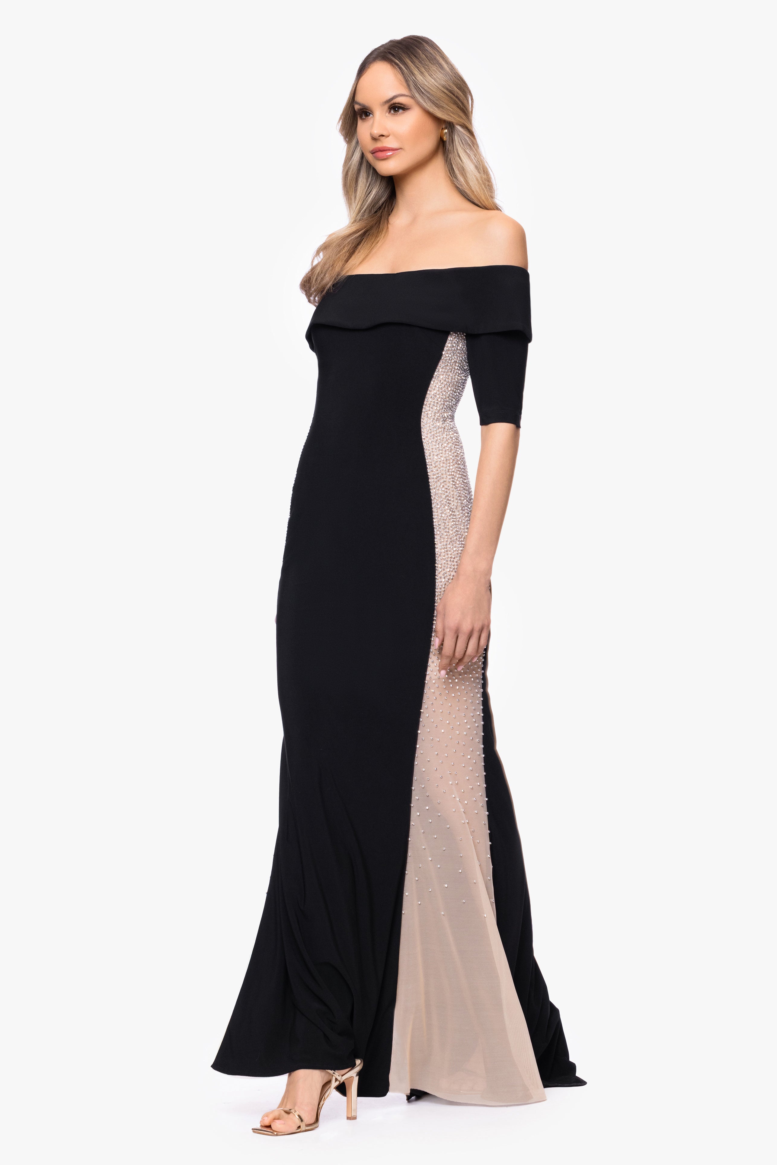 "Alice" Jersey Knit Off The Shoulder Caviar Dress