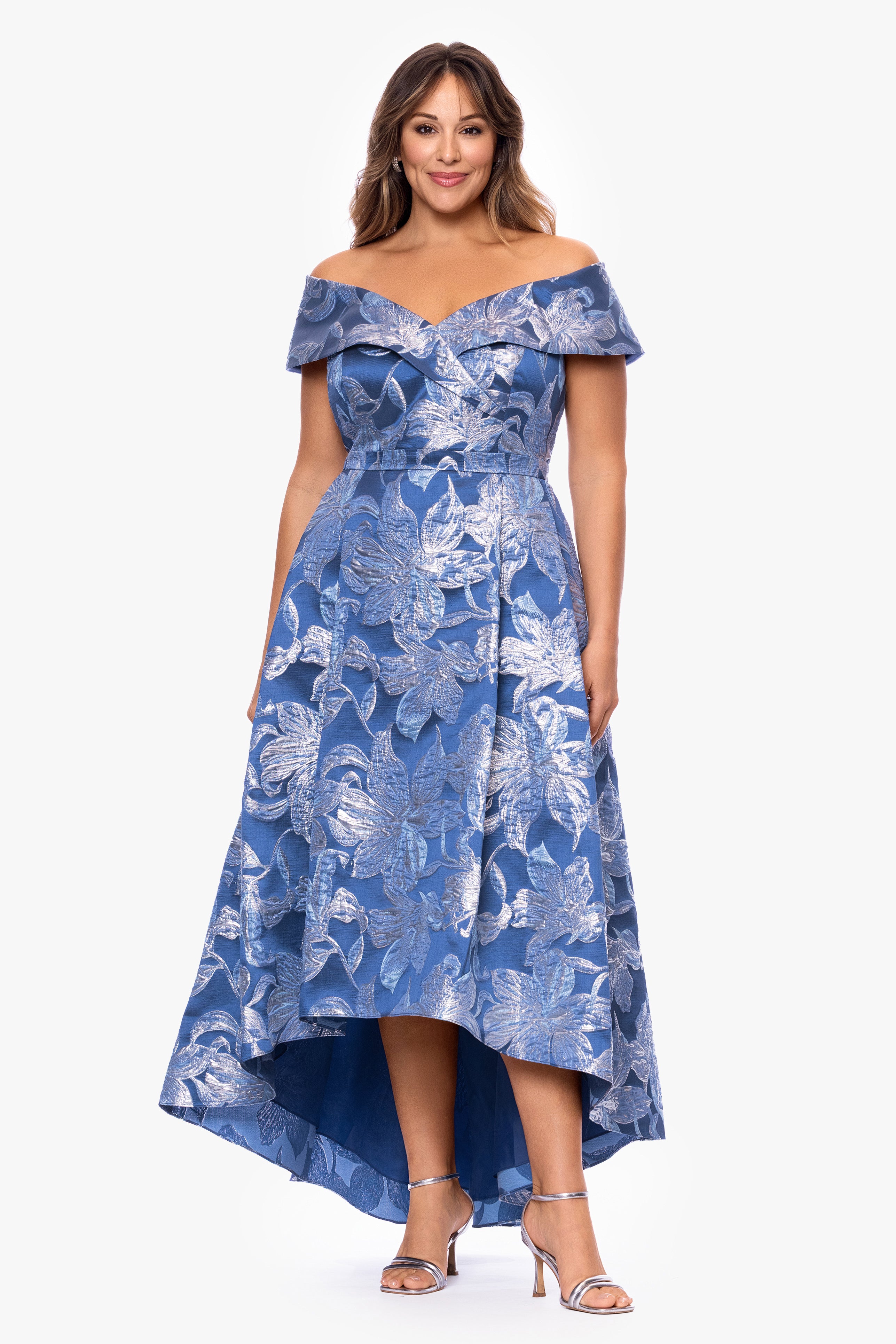Plus "Matilda" Brocade Off The Shoulder High Low Floor Length Dress