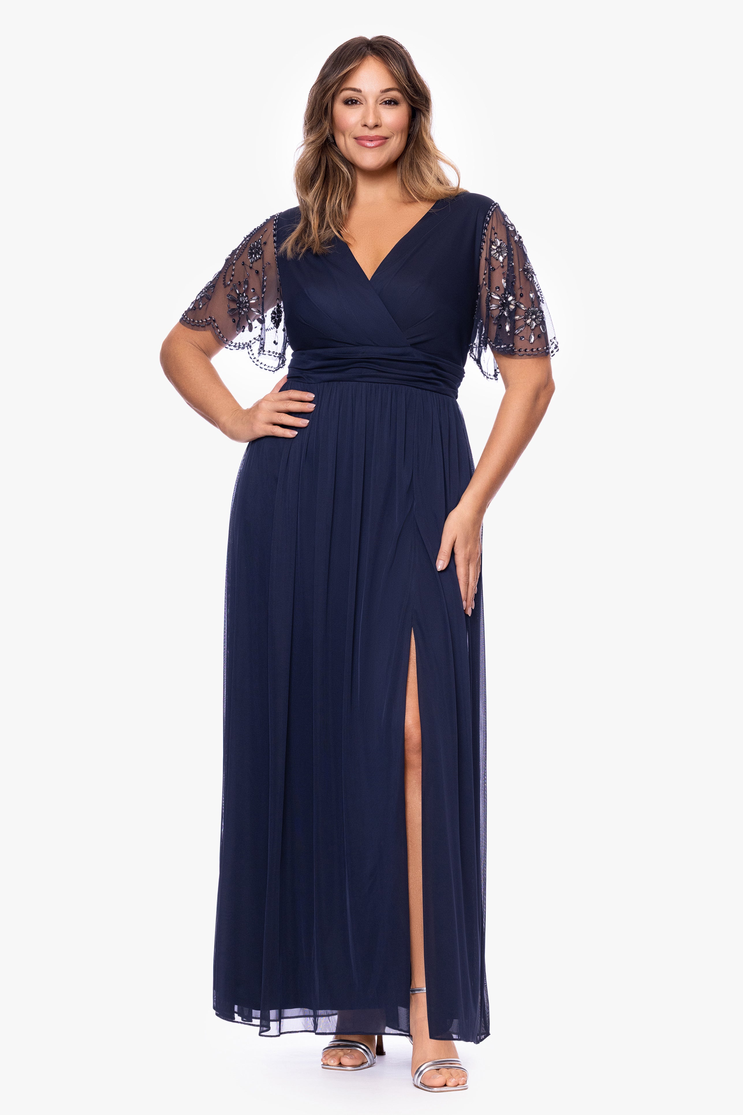 Plus "Aurelia" Sheer Jersey Mesh Beaded Sleeve Floor Length Dress