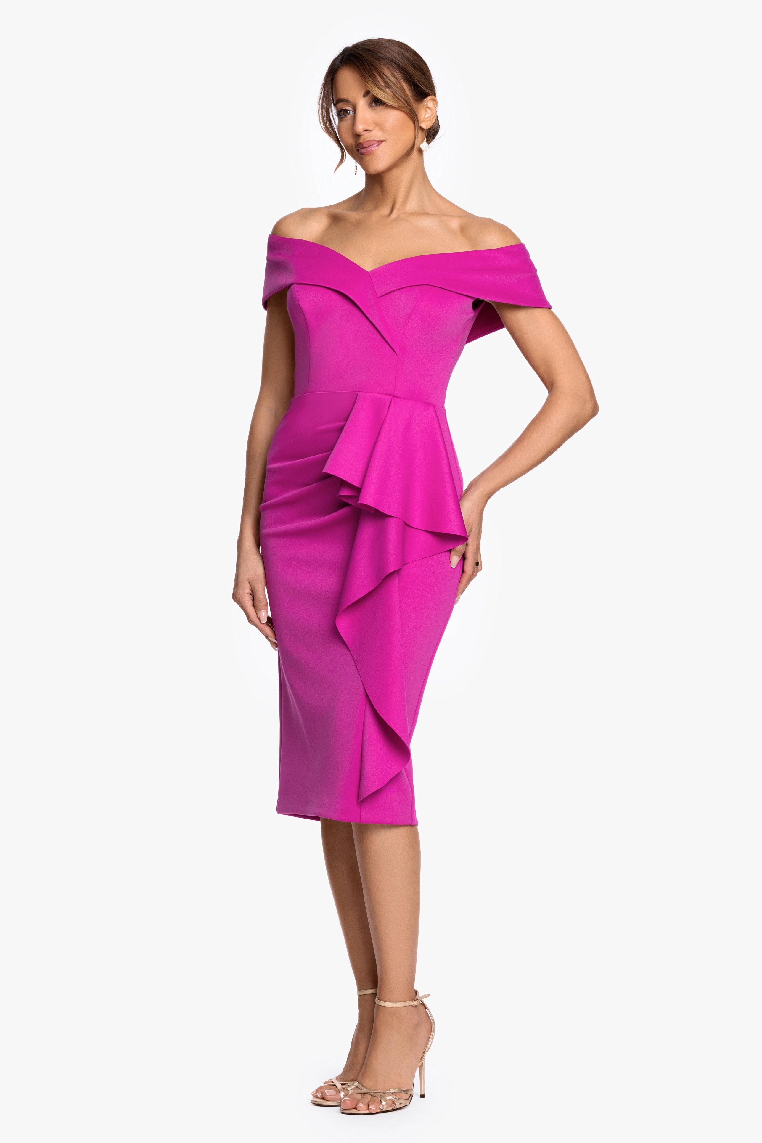 "Molly" Techno Scuba Off The Shoulder Ruffle Midi Dress