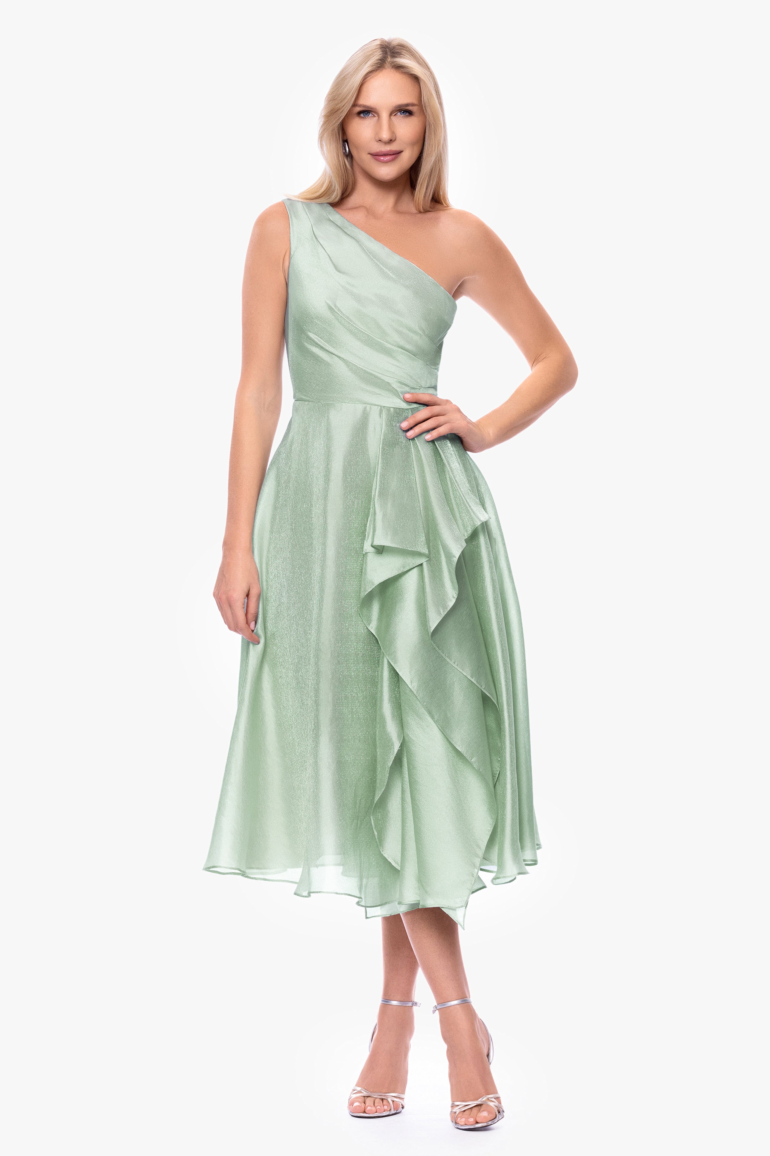 "Keira" Metallic Organza One Shoulder Midi Dress