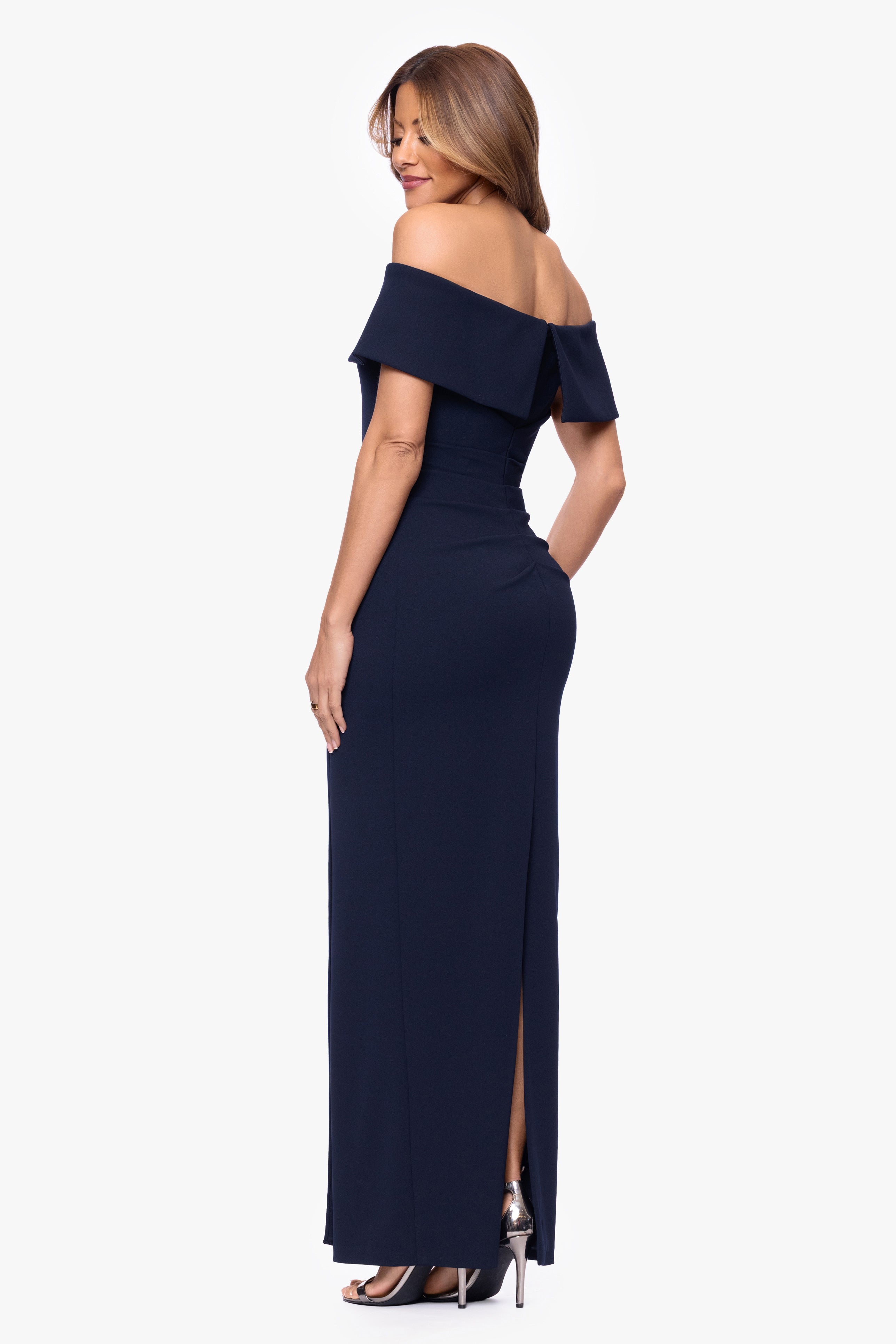 "Devon" Scuba Crepe Off The Shoulder Gold Detail Waist Dress
