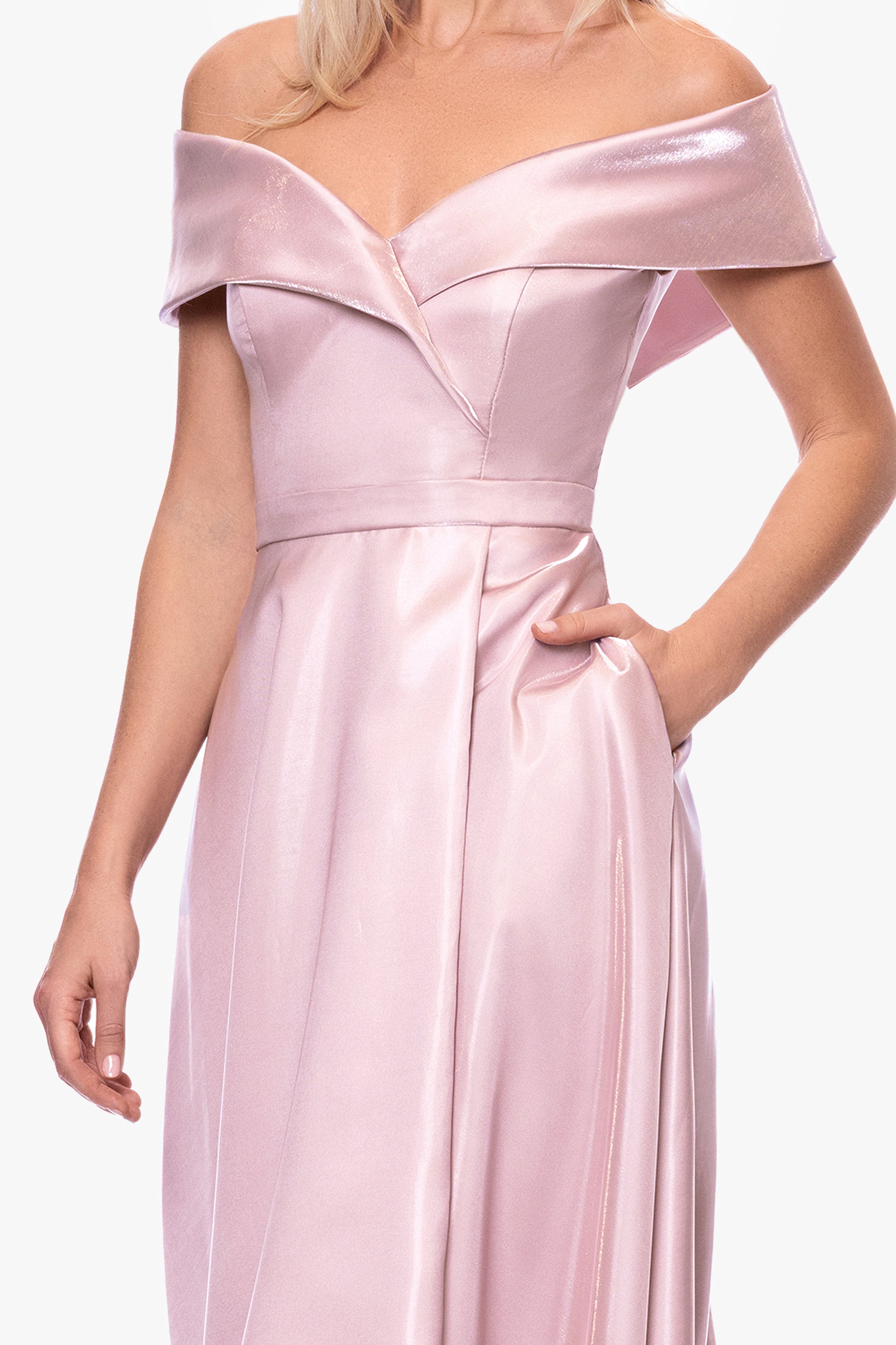 "Laney" Mikado Off the Shoulder Floor Length Dress