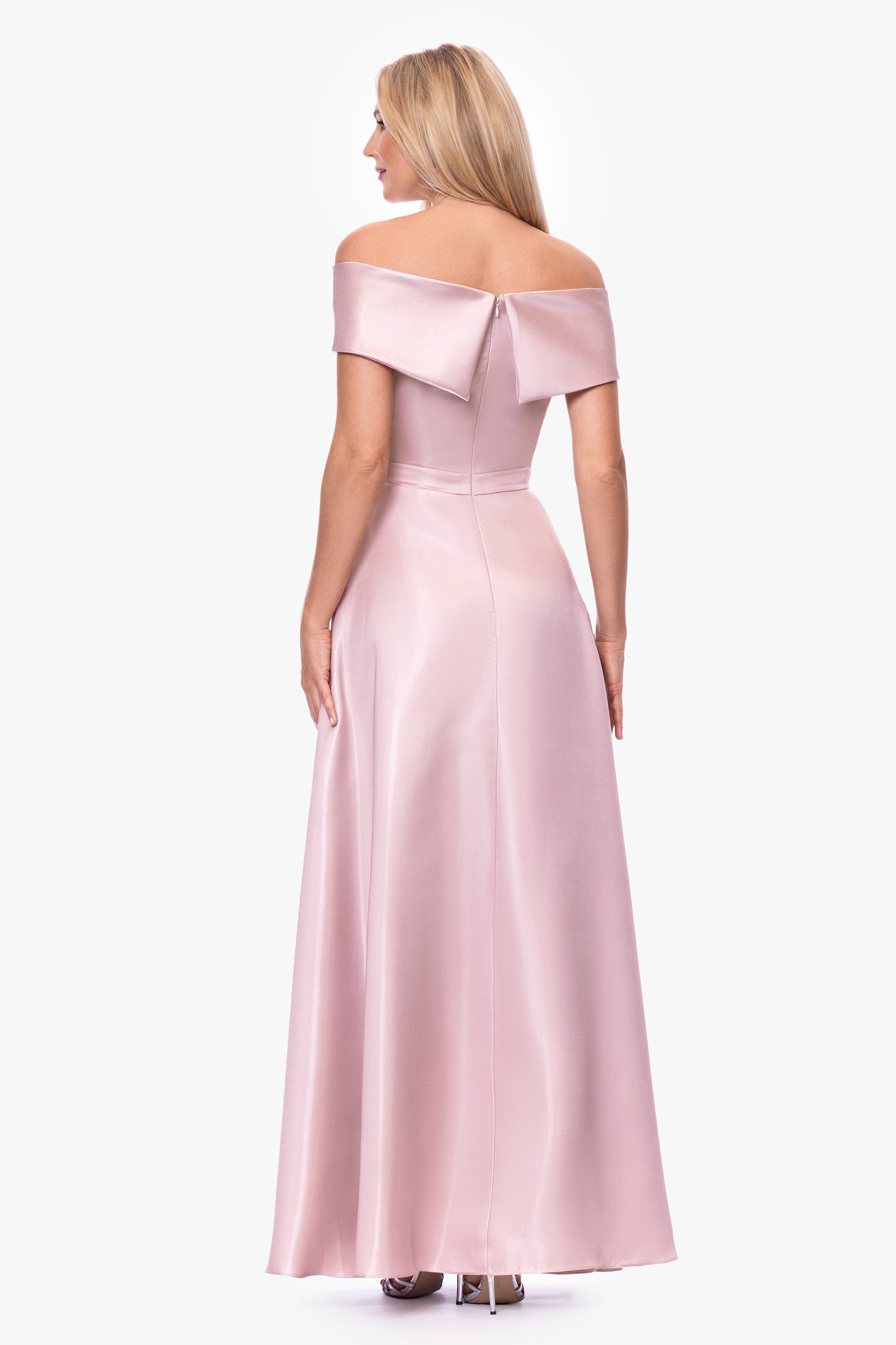 Petite "Laney" Mikado Off the Shoulder Floor Length Dress