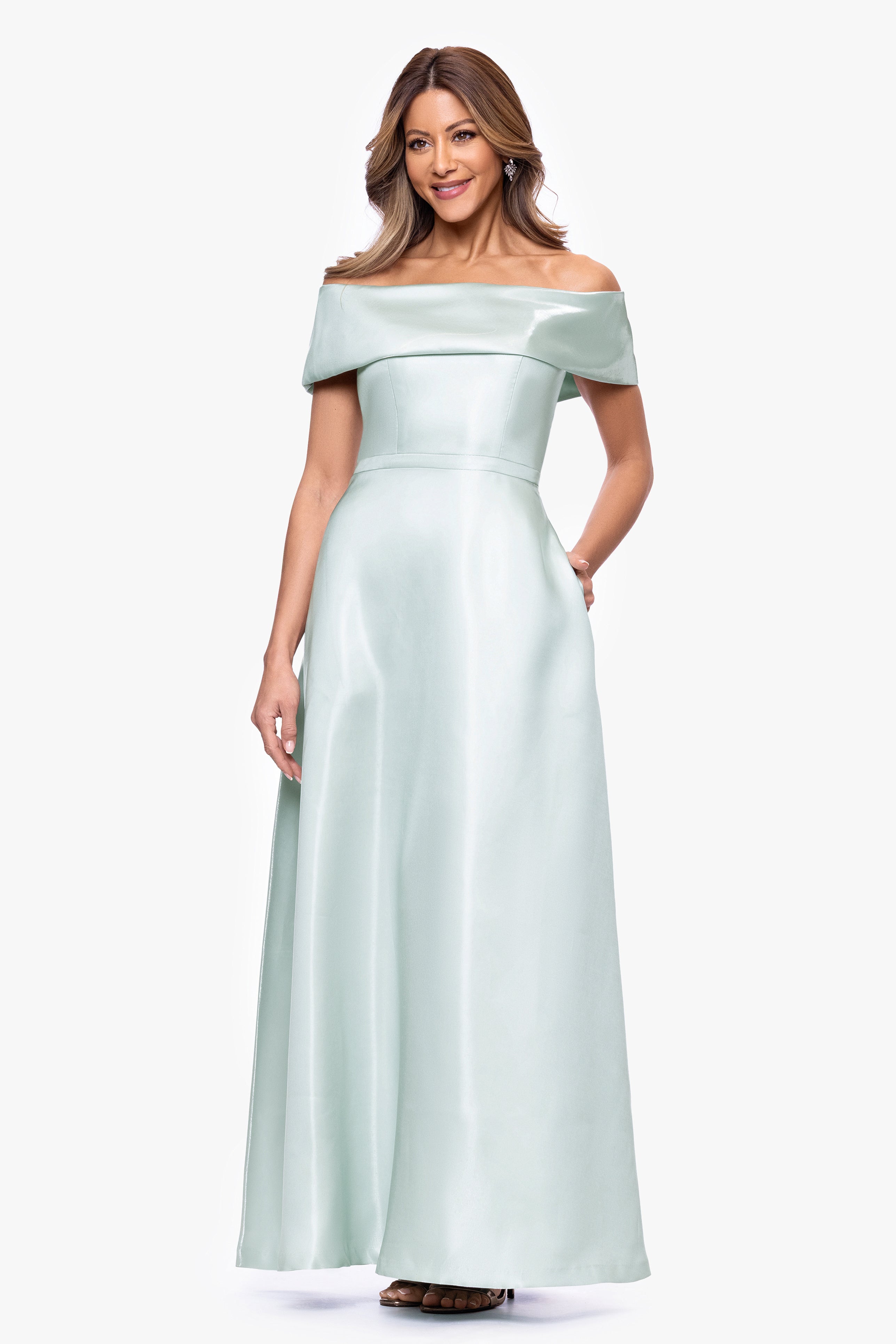 "Helena" Mikado Off The Shoulder Floor Length Dress