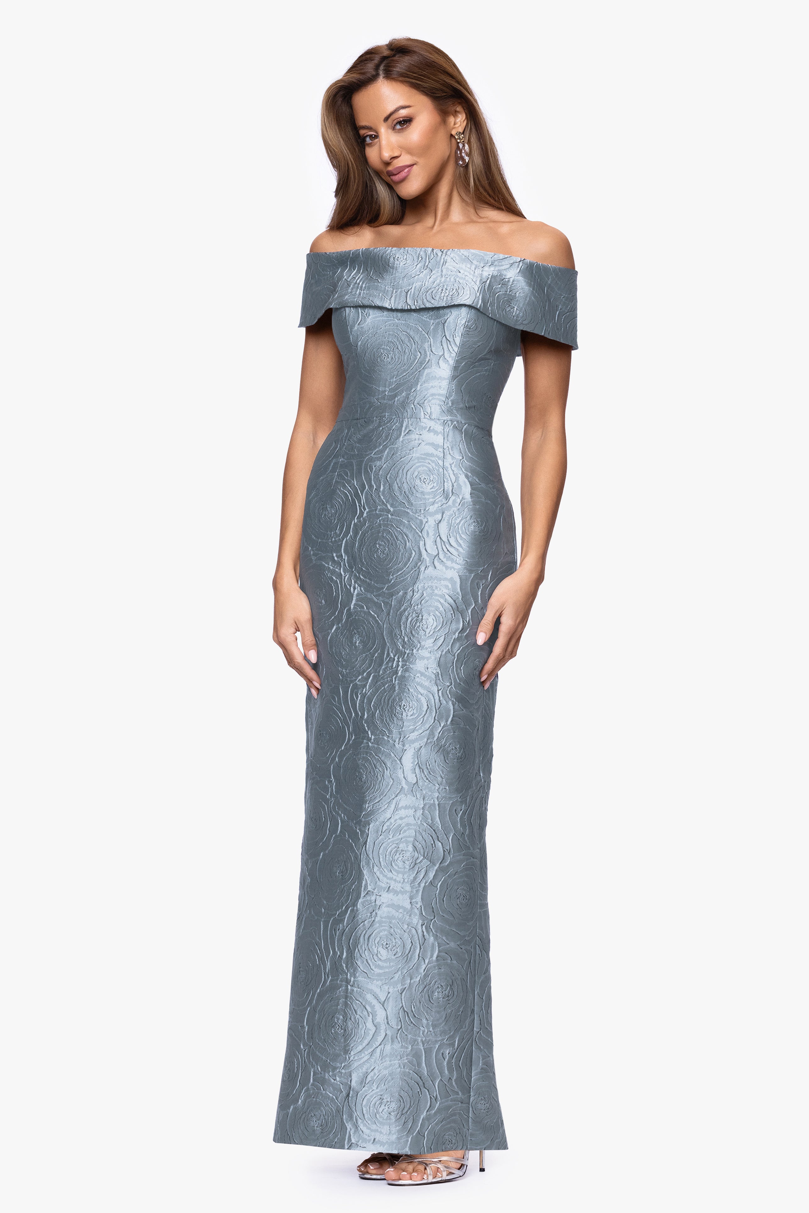 "Barbara" Jacquard Off the Shoulder Floor Length Dress