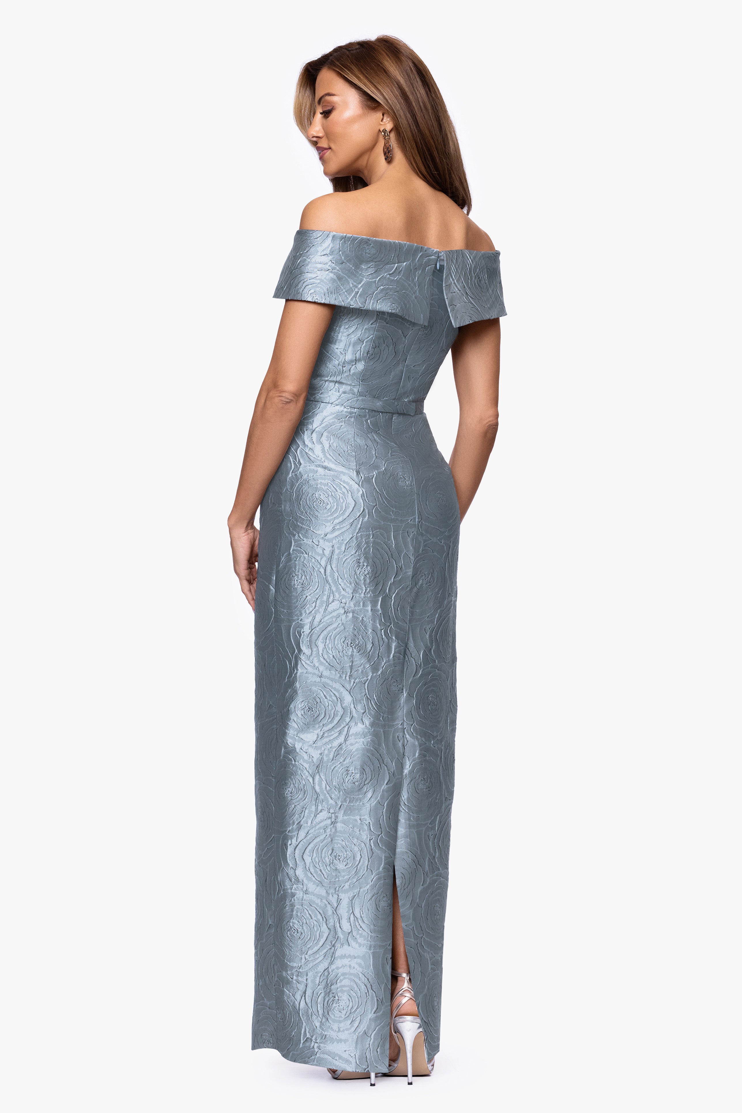 "Barbara" Jacquard Off the Shoulder Floor Length Dress
