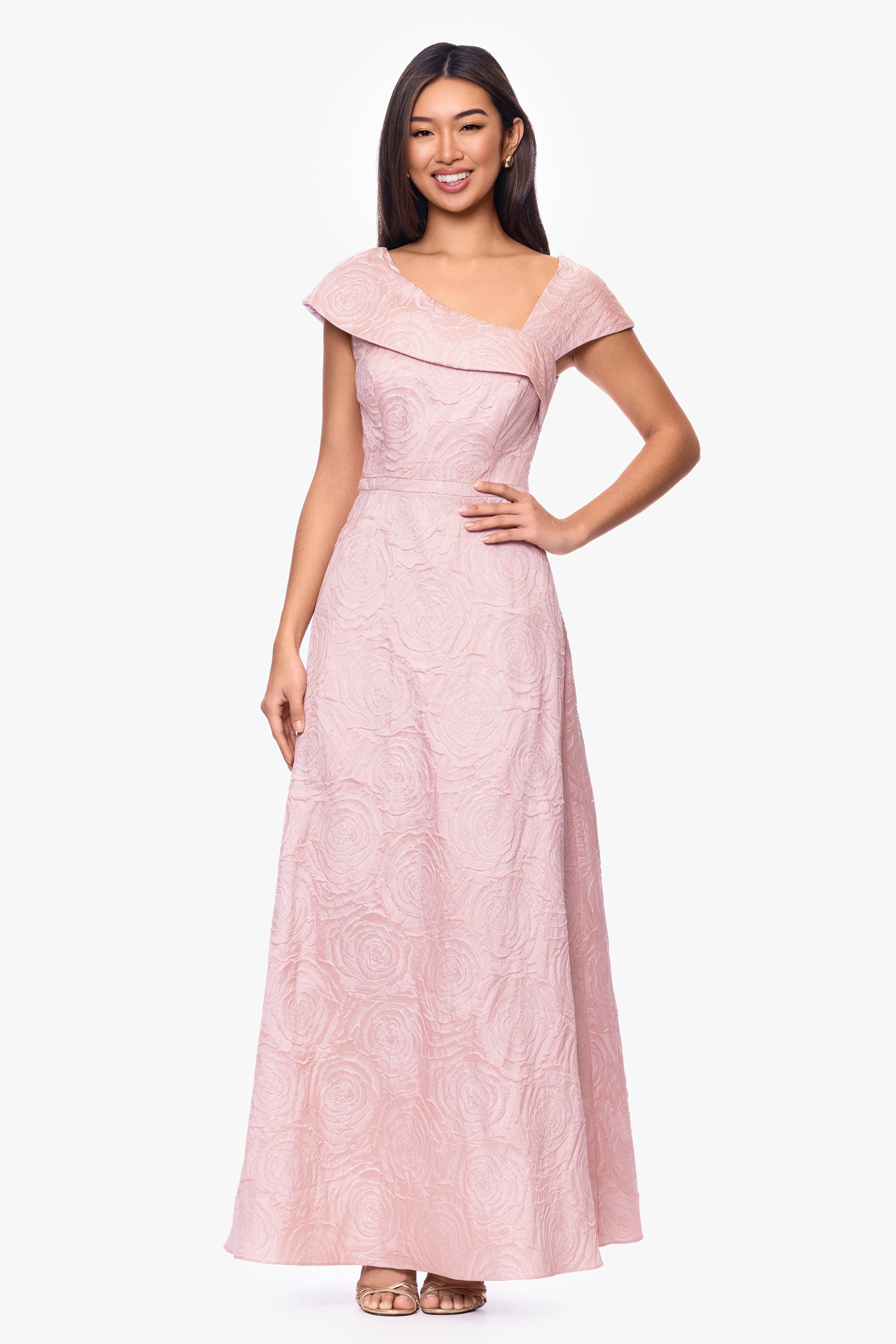 "Lorelai" Brocade Asymmetric Neck Floor Length Dress