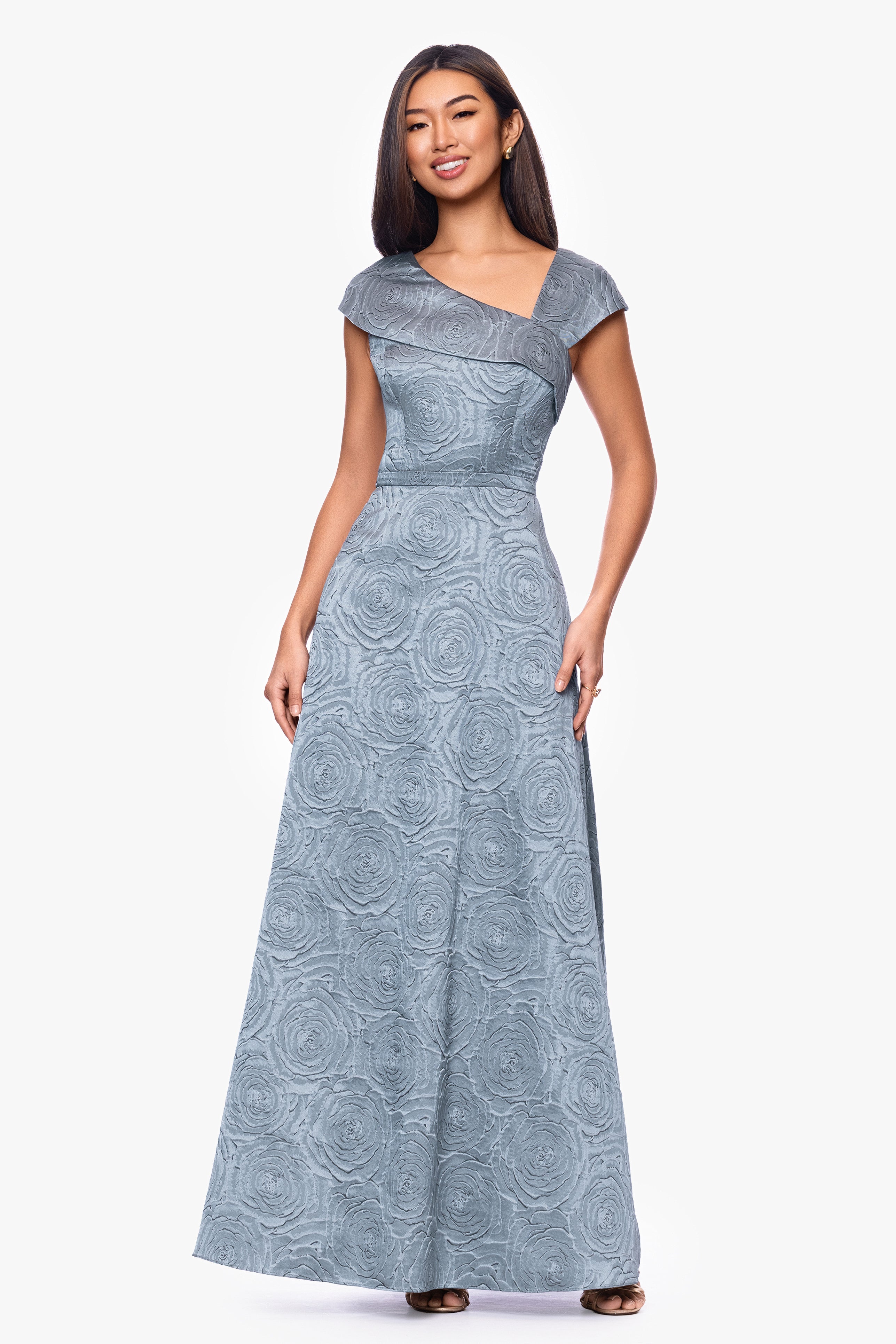 "Lorelai" Brocade Asymmetric Neck Floor Length Dress