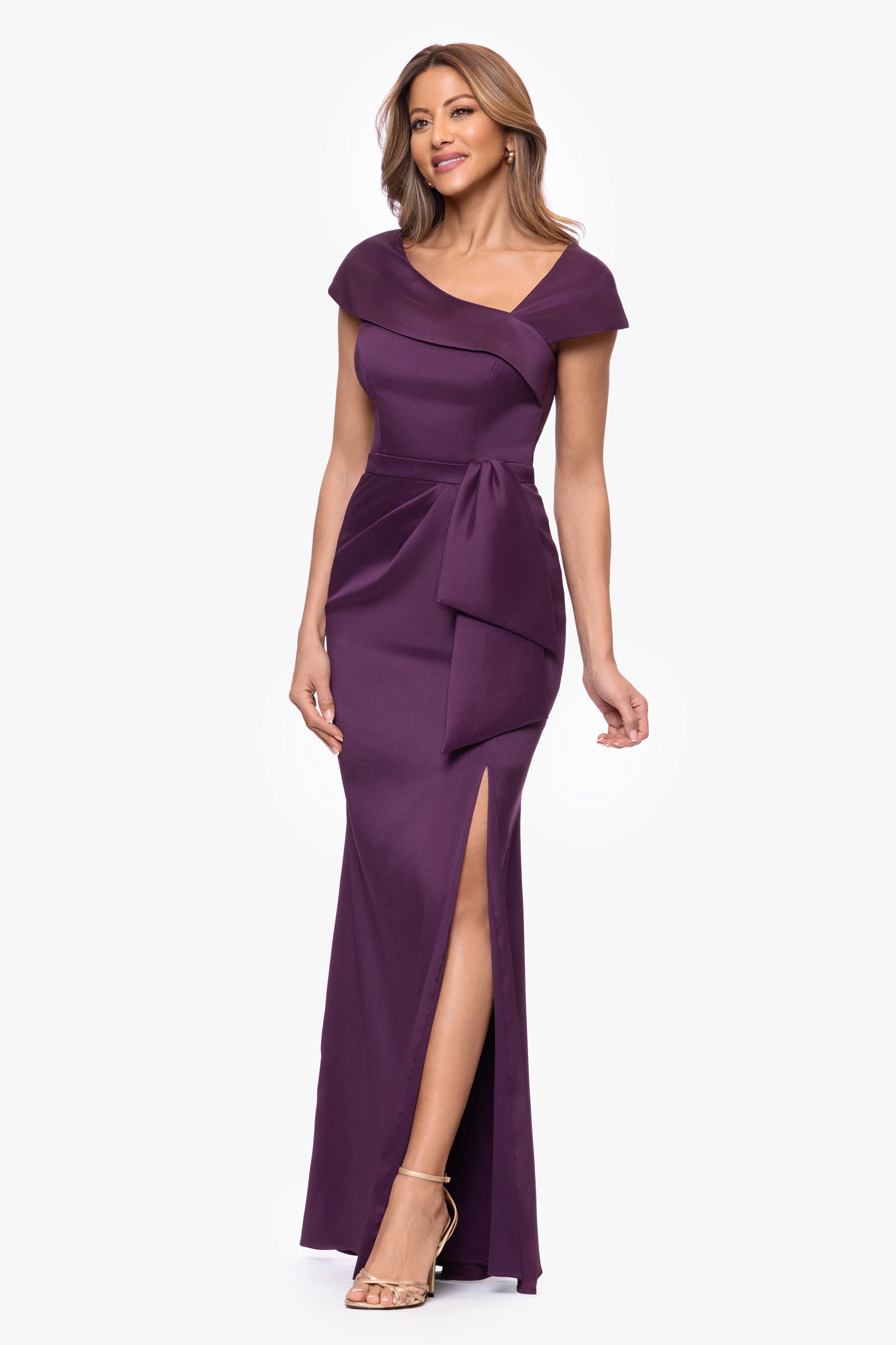 Petite "Katelyn" Stretch Mikado Asymmetrical Neckline Dress
