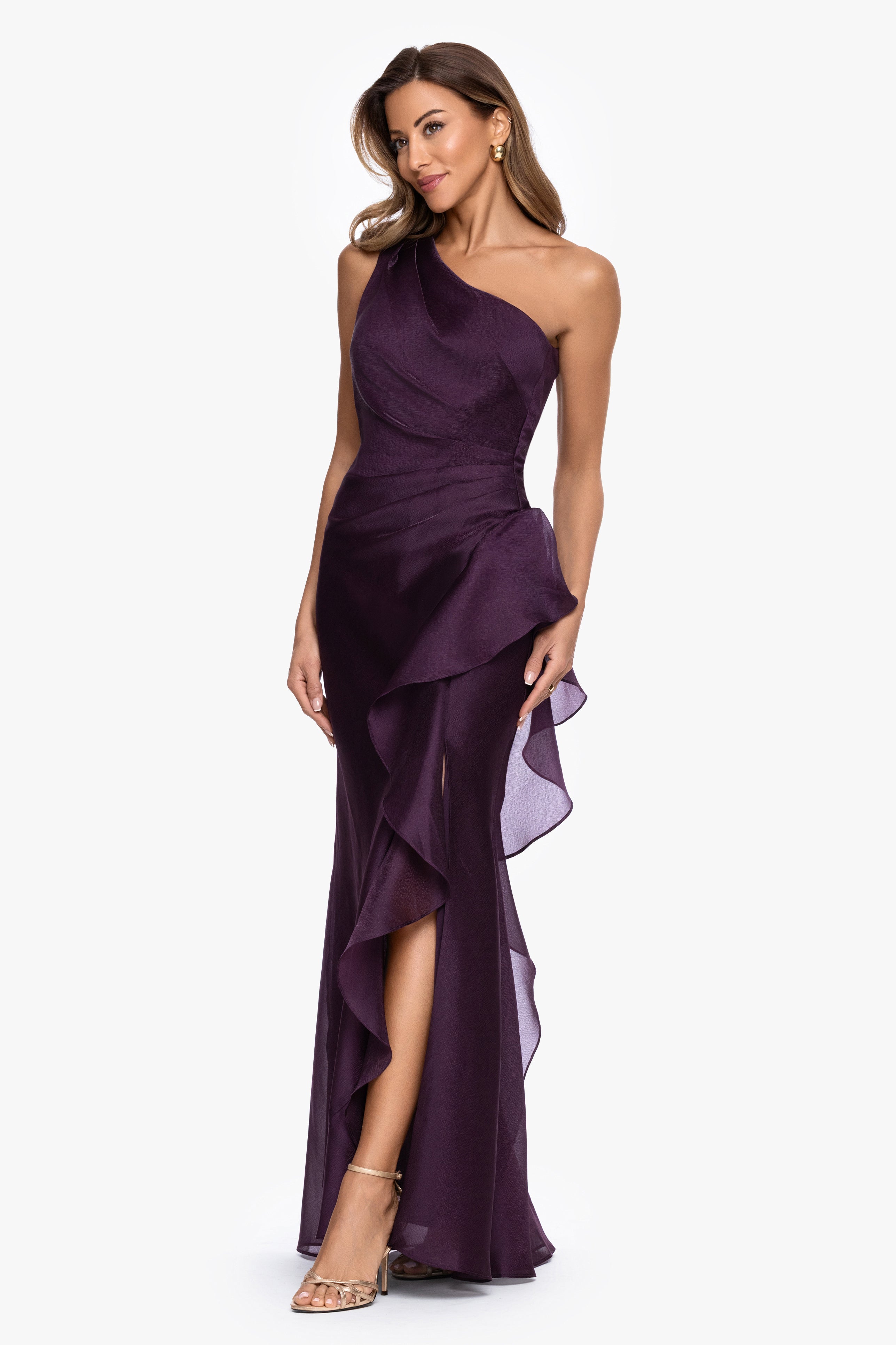 "Serena" Metallic Organza One Shoulder Dress