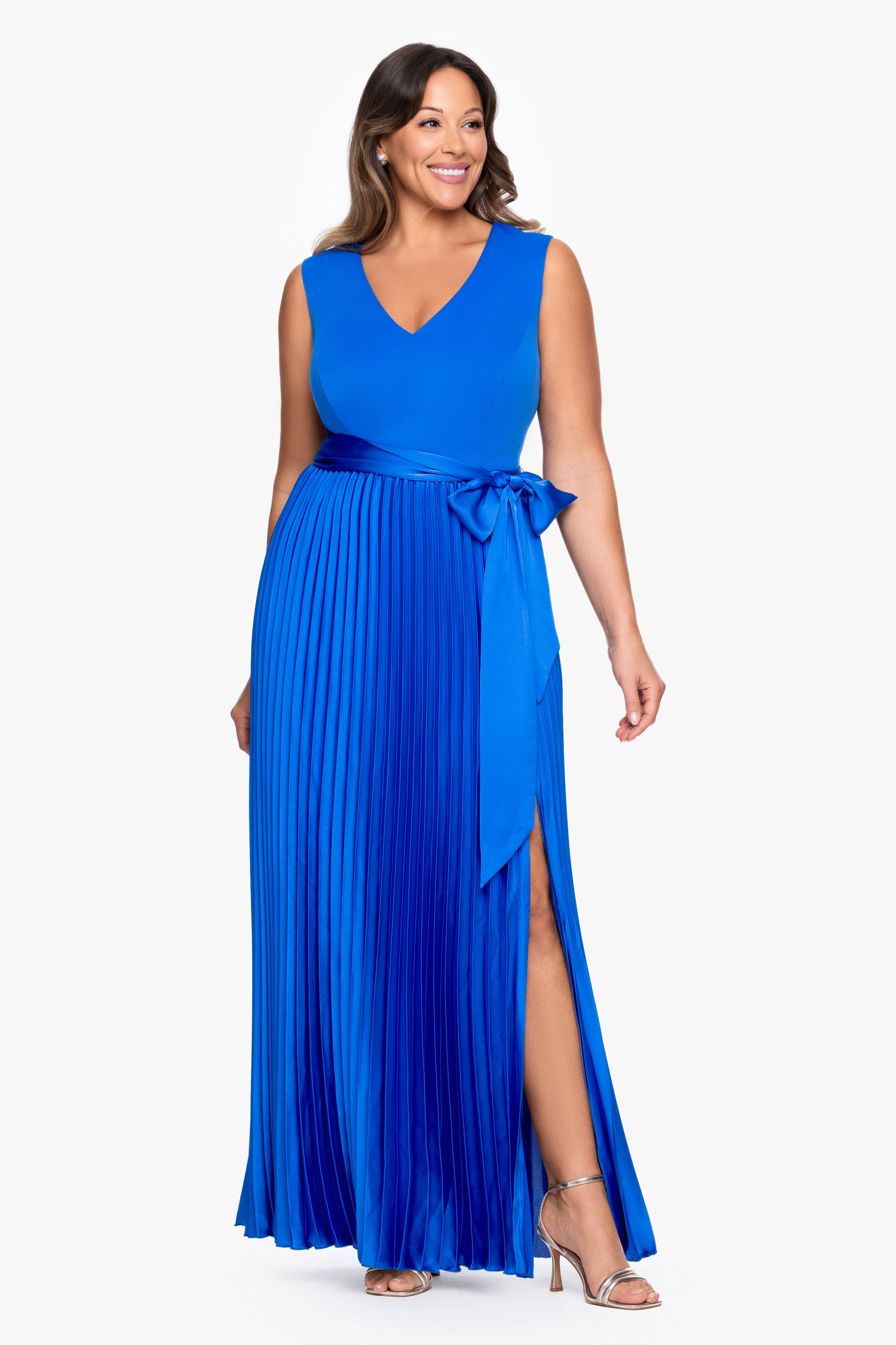Plus "Cypress" Scuba Crepe & Satin Pleated Tie Skirt Dress