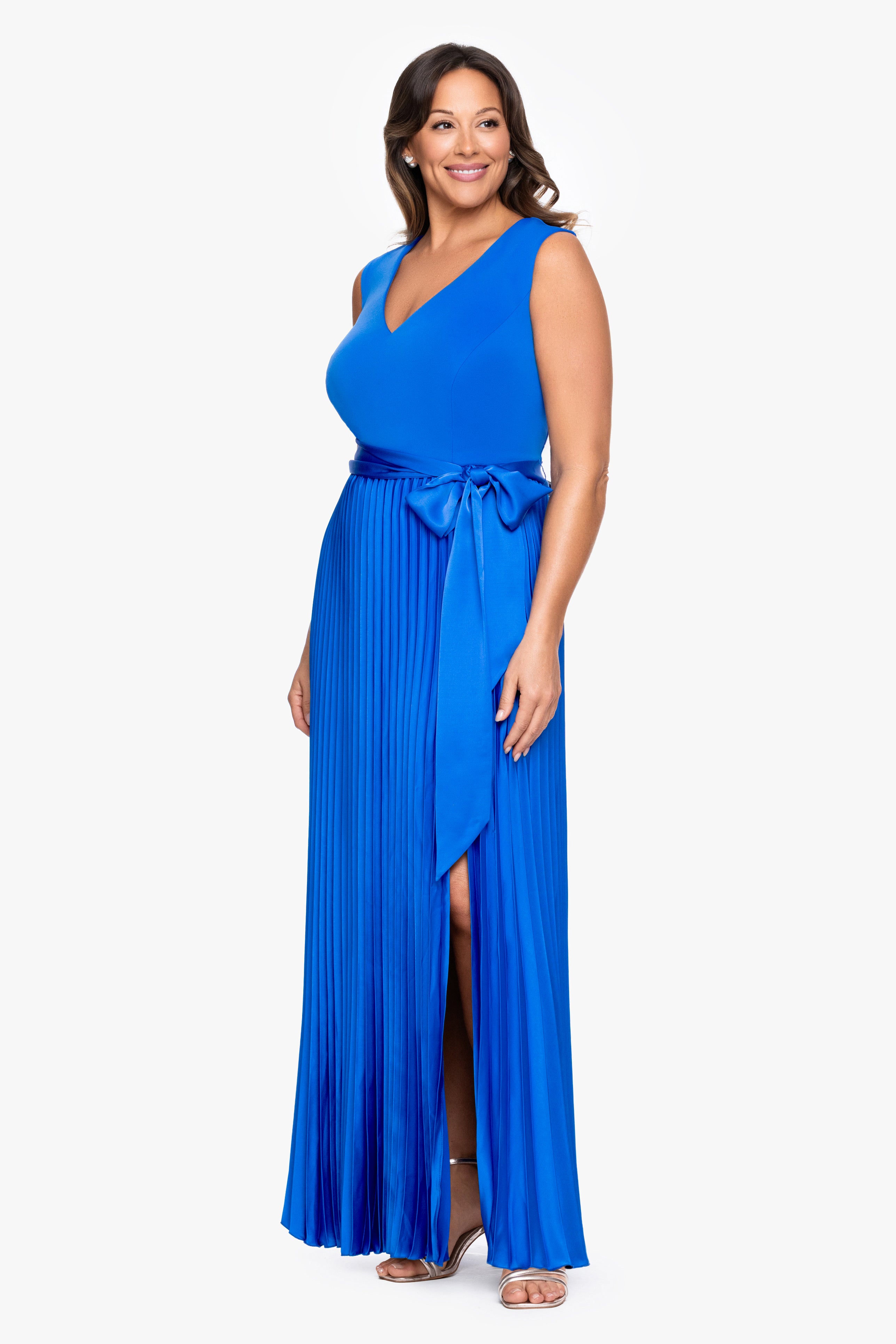Plus "Cypress" Scuba Crepe & Satin Pleated Tie Skirt Dress