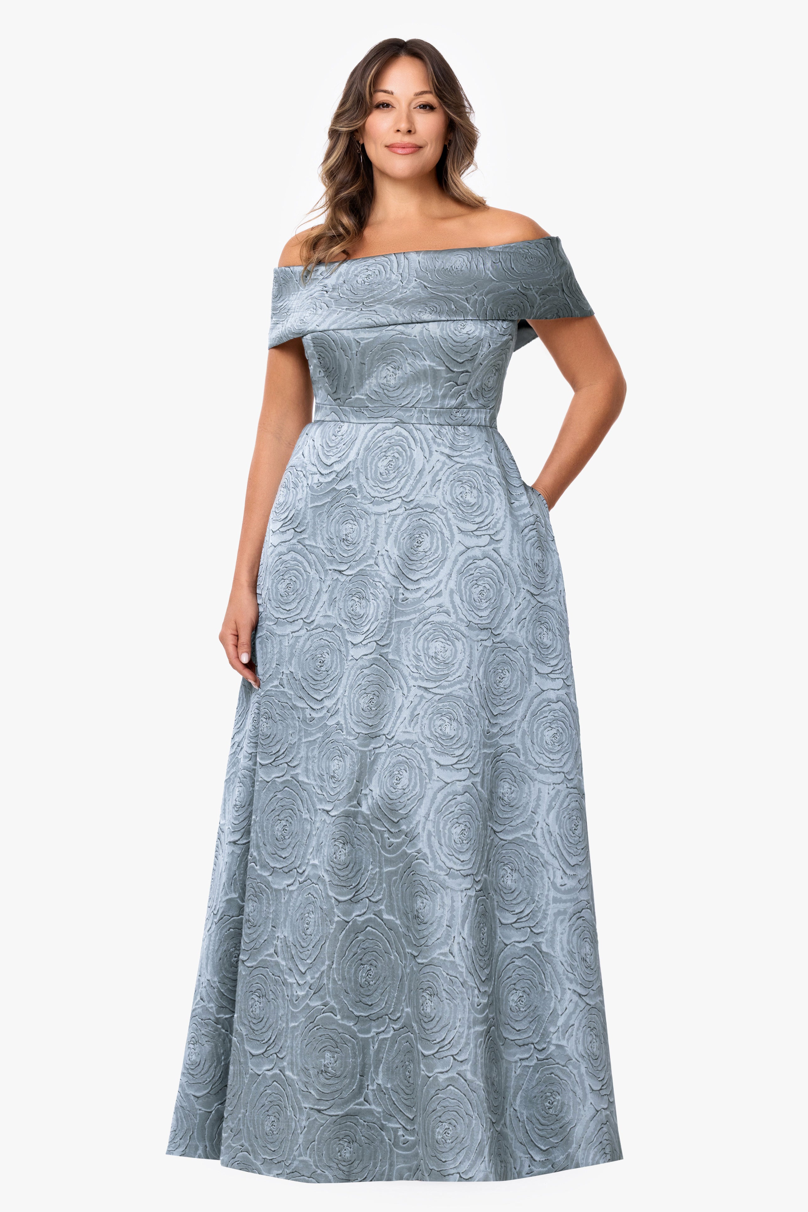 Plus "Gloria" Brocade Off The Shoulder Floor Length Dress